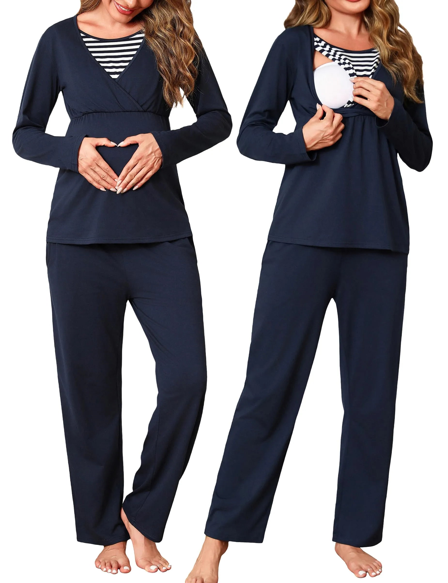 Bresdk Pigiama Donna Premaman Pigiami da Notte in Cotone Manica Lunga Elastico Due Pezzi Abbigliamento da Notte Morbido Blu Marine M