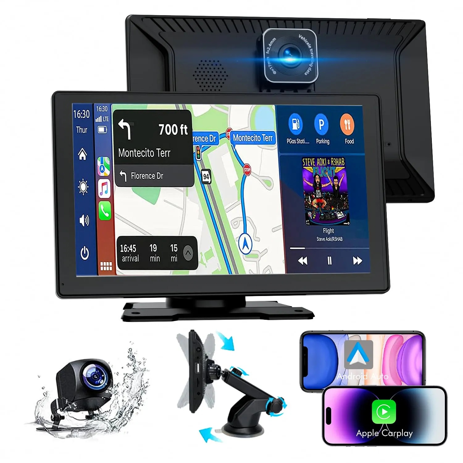 Carplay Auto, 9" Android Auto Wireless, Autoradio Bluetooth con Schermo con 1080P Telecamere Posteriori e Anteriori, Navigazione GPS, Controllo Vocale a Mani Libere, Mirror Link, AUX, FM