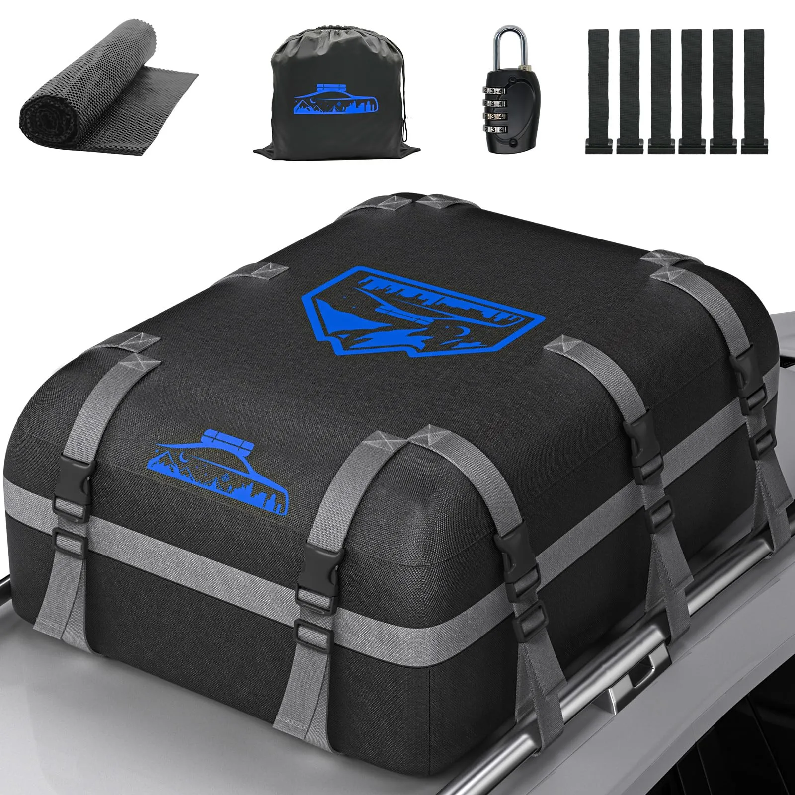 Rymopuey Box Tetto Auto 20Cu.Ft/566L, Baule Auto Tetto in Oxford 1000D, Baule Auto Tetto con Tappetino Antiscivolo e 10 Cinghie, Box Tetto Auto Morbida e Pieghevole per Auto con/senza Portapacchi