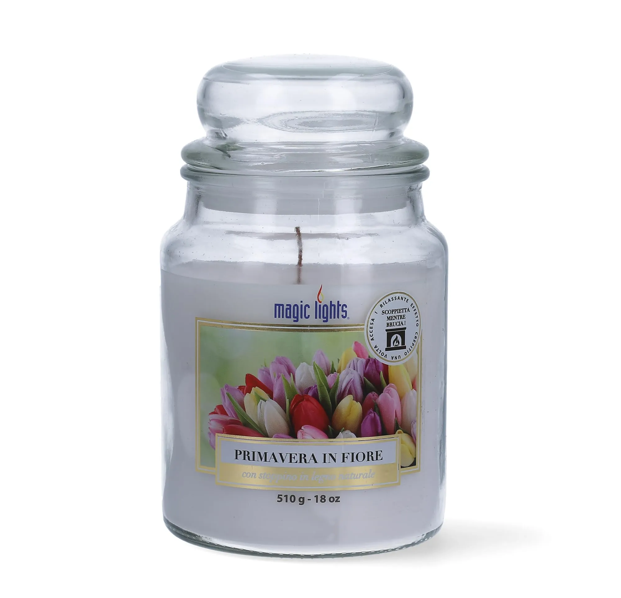 Magic Lights - Candela giara 510 gr Primavera in Fiore - Gelsomino - Fiori Bianchi con cera vegetale min. 75% - stoppino in legno naturale che scoppietta, Made in Italy