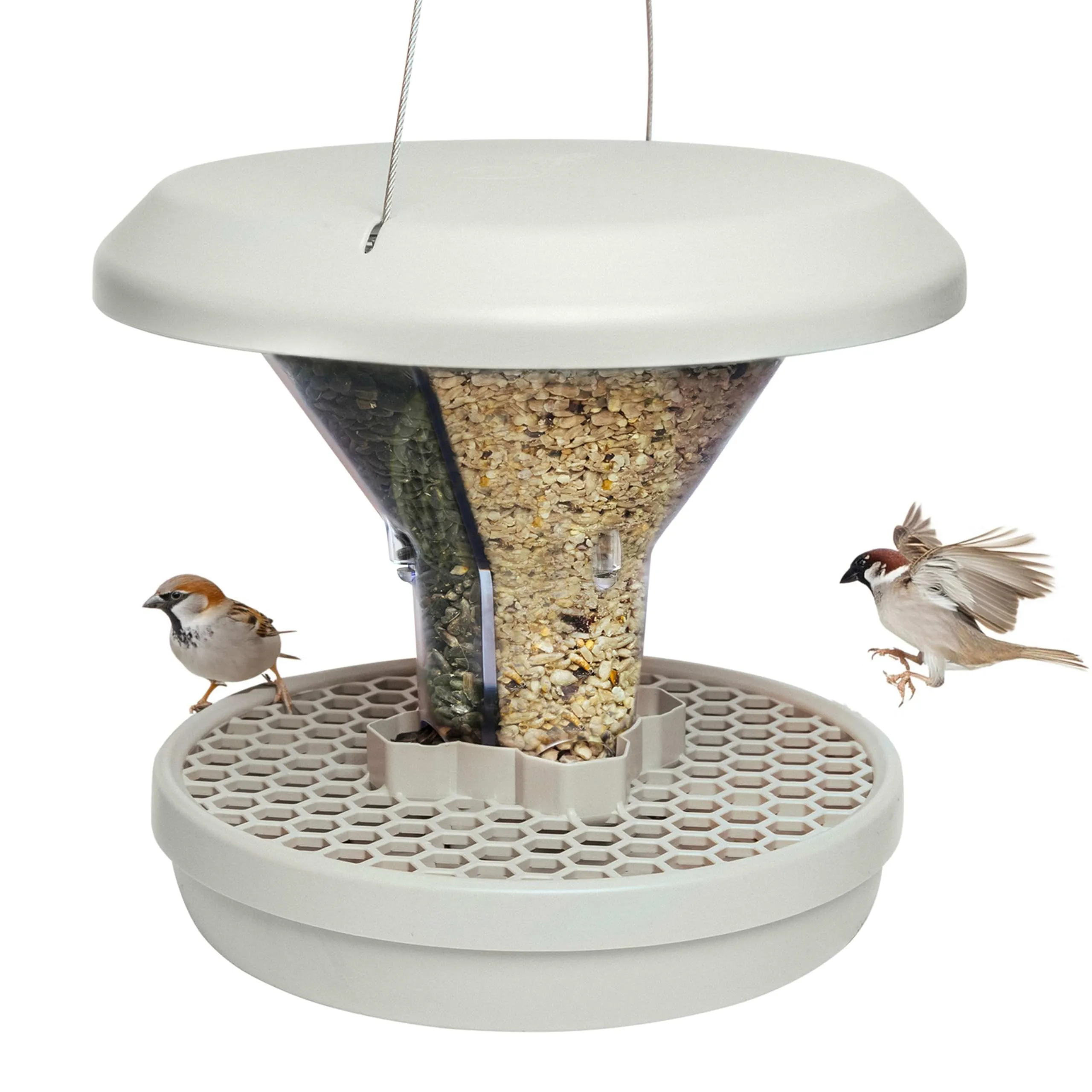 SWISSINNO Mangiatoia per Uccellini da Esterno - "Davos" SMART BIRDS - Casetta Cibo Uccelli Selvatici - 2 Scomparti Antispreco - A Prova di Topi e Ratti - Resistente - da Appendere - Grigio Chiaro