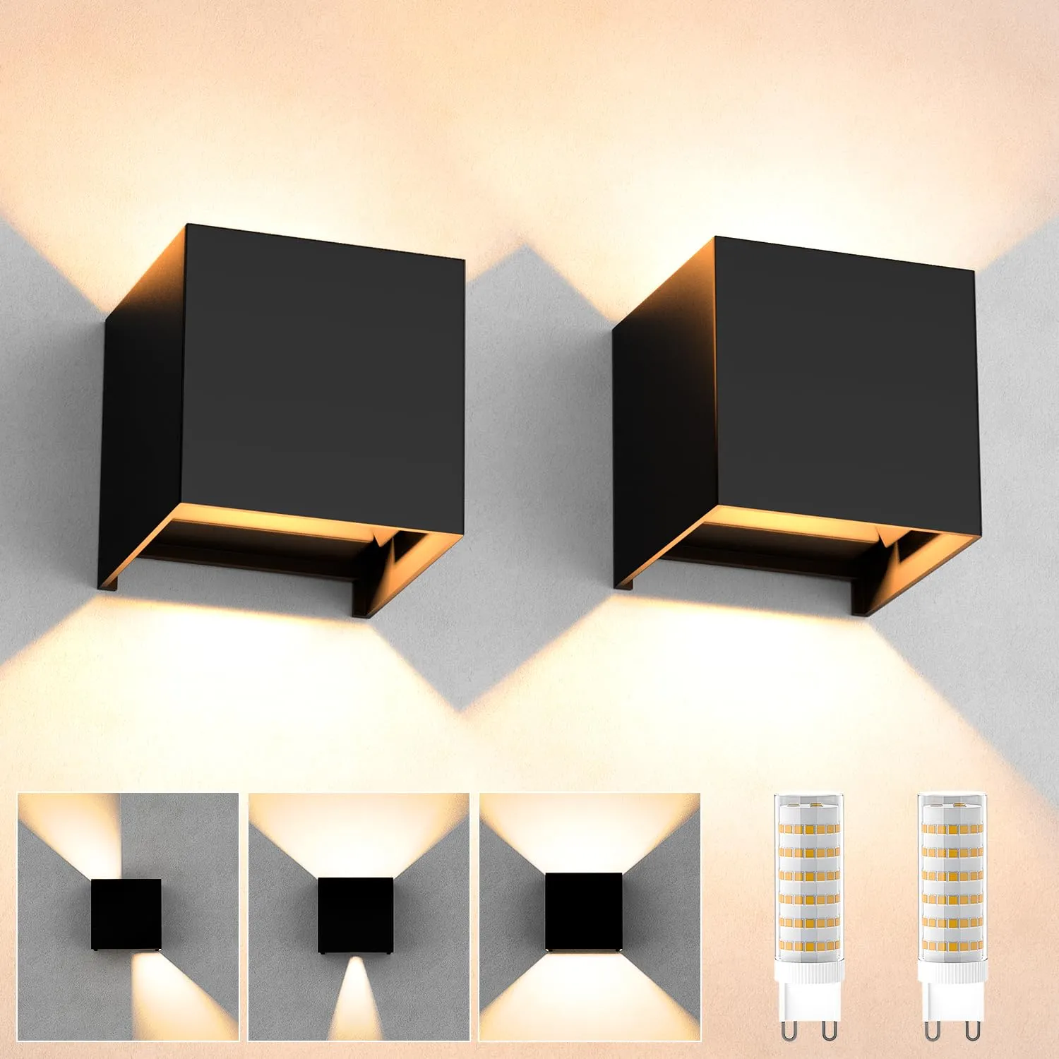 YrgePowk 2 Pezzi Lampade da Esterno Parete con 9W 3000K Bianco Caldo G9 Sorgente Luminosa Sostituibile，Moderna Applique da Esterno IP65 Impermeabile Angolo del Fascio Regolabile（Nero）