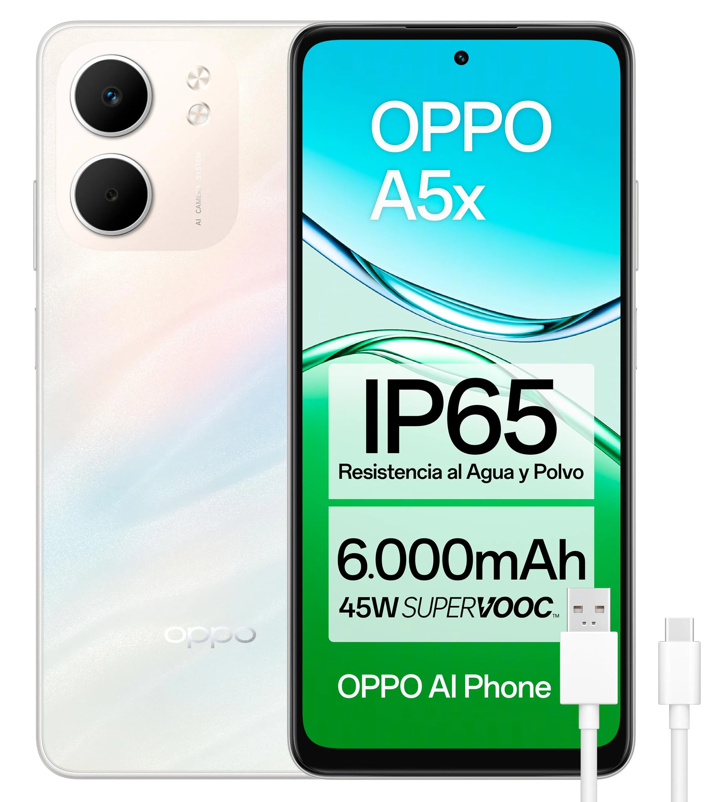 OPPO A5x Smartphone sbloccato con IA, 4 GB RAM + 128 GB, schermo 6,67" 90 Hz, fotocamera 32 MP, batteria 6000, ricarica rapida 45 W, versione spagnola, bianco