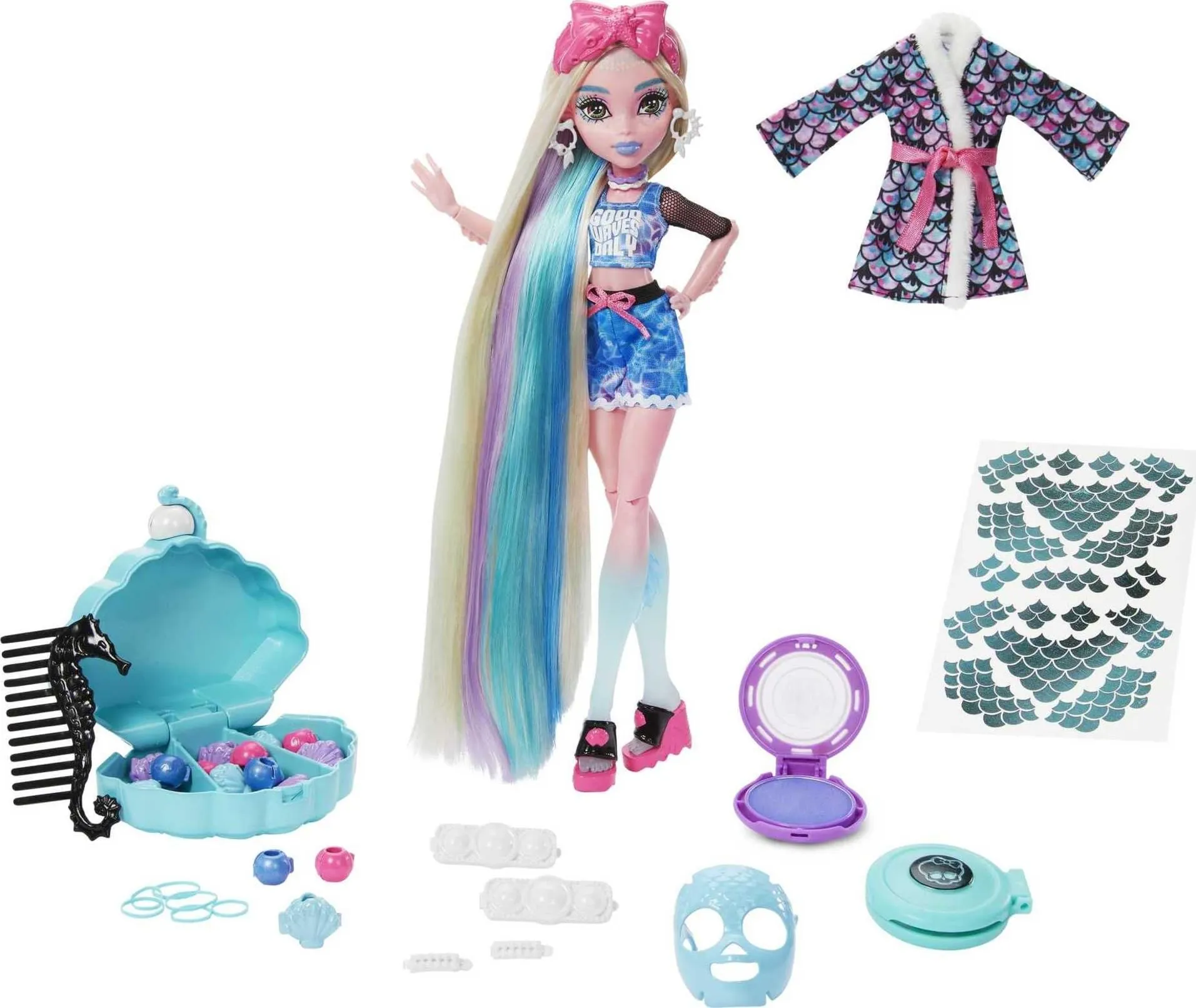 Monster High Bambola, Lagoona Blue Spa Day Set con accessori da indossare e condividere come fermagli per capelli, gesso per capelli e tatuaggi