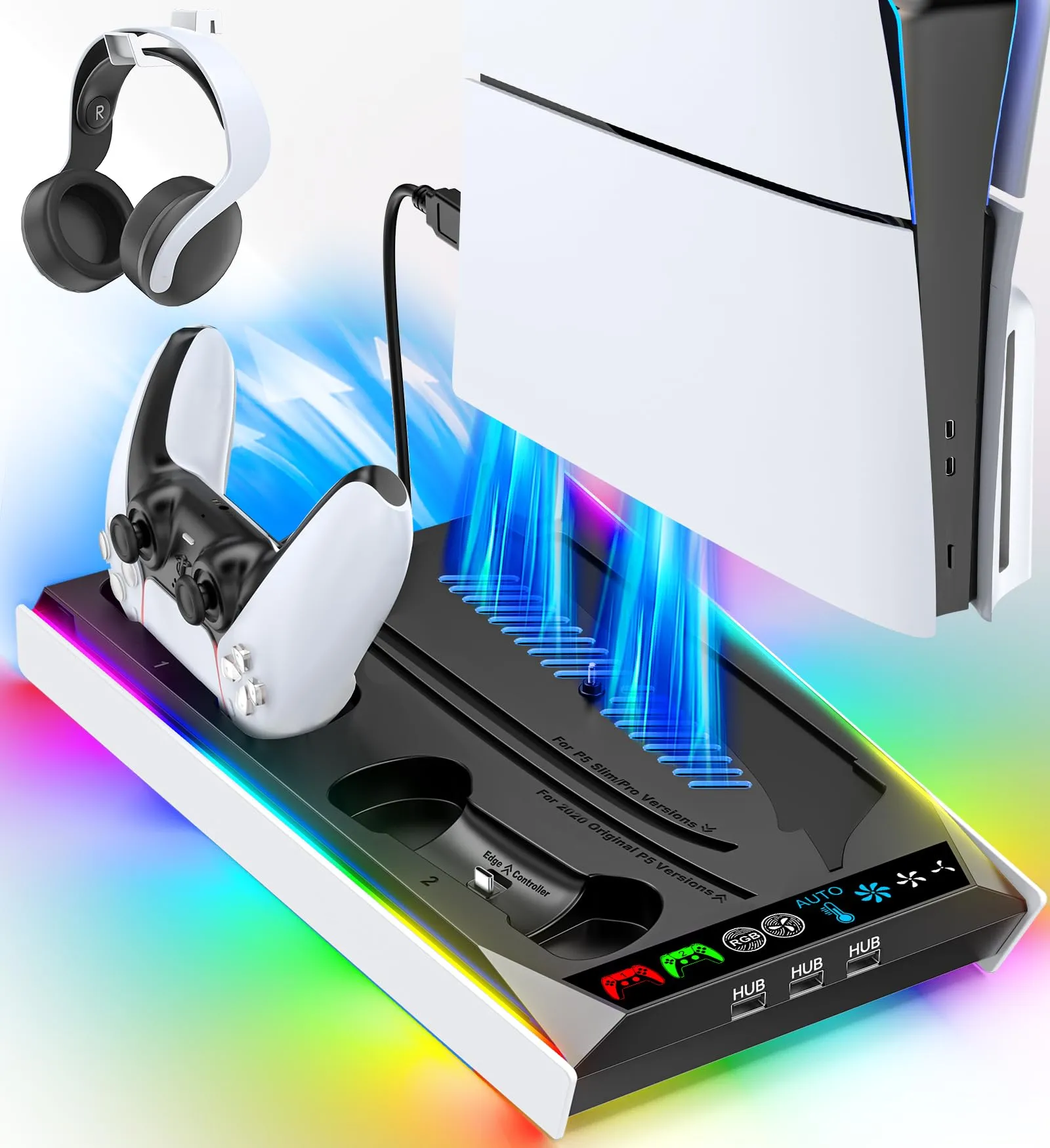 Supporto PS5/Slim/Pro per Console Disco & Digitale, Base Raffreddamento PS5 & Ricarica PS5 con Illuminazione RGB, Caricatore per Controller PS5 con Ventola a 3 Livelli, Accessori PS5/Slim/Pro