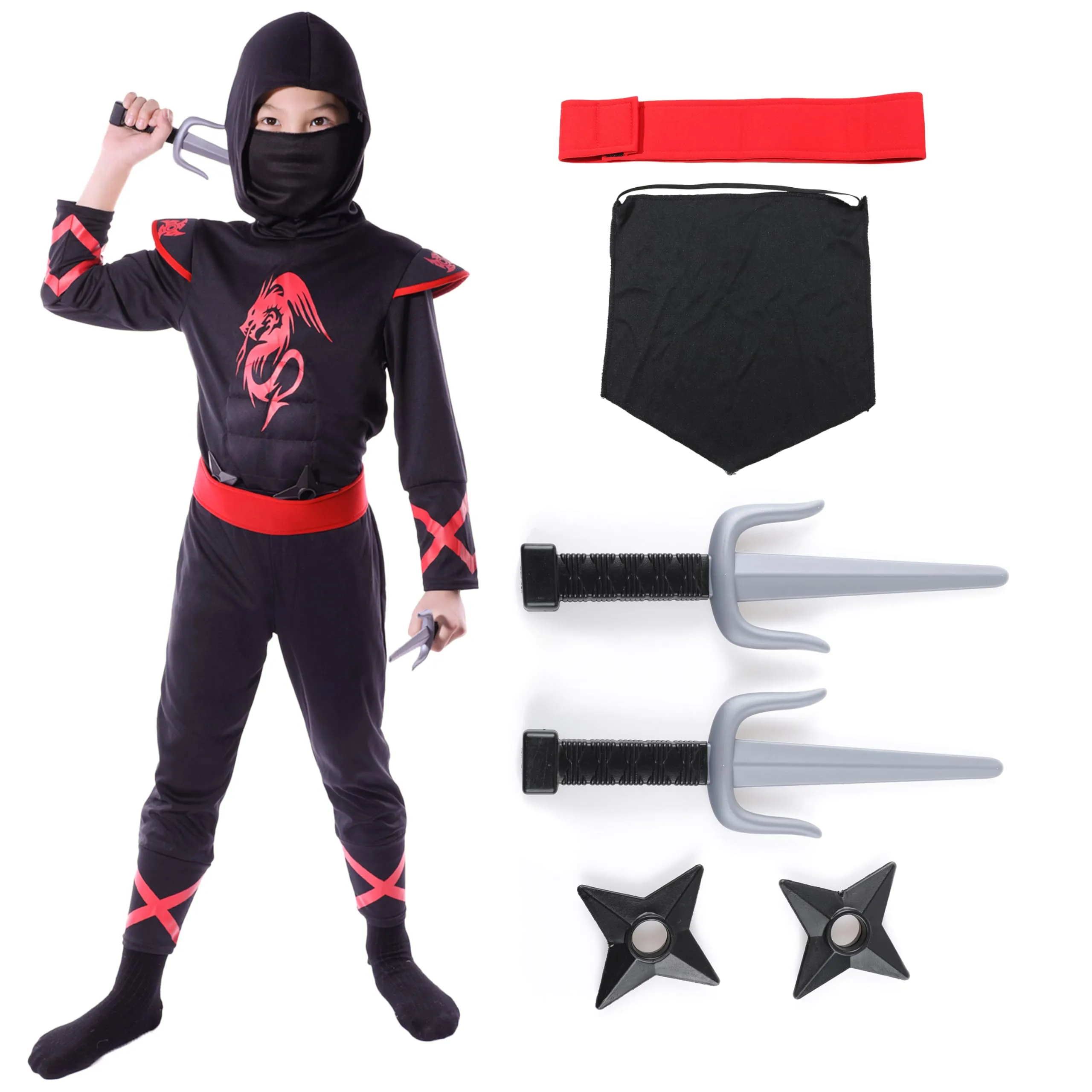 Sincere Party 7St Dragon Ninja Costume per Bambini Unisex, Ninja Dress Up Vestito di Gioco di Ruolo con Accessori 7-9 Anni