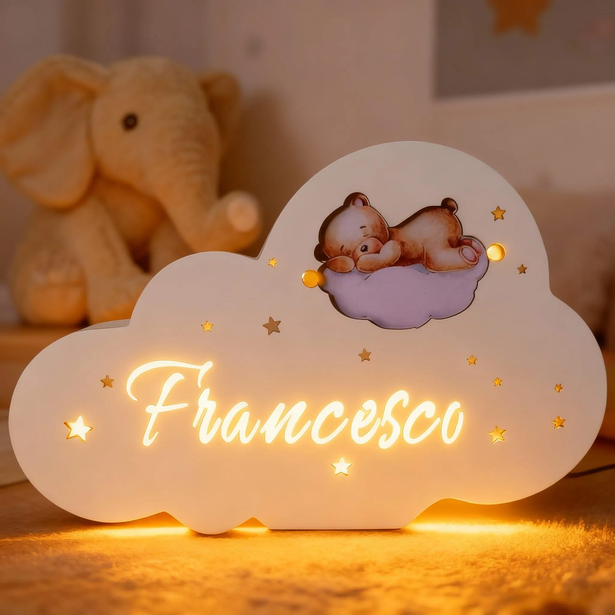 Lampada Notturna per Bambini Personalizzata Made in Italy, Luce Notturna Bambini da Presa, Lampada Neonato Notturna, Regalo per Decorazione Cameretta (Nuvola)– Lo Realizzo®