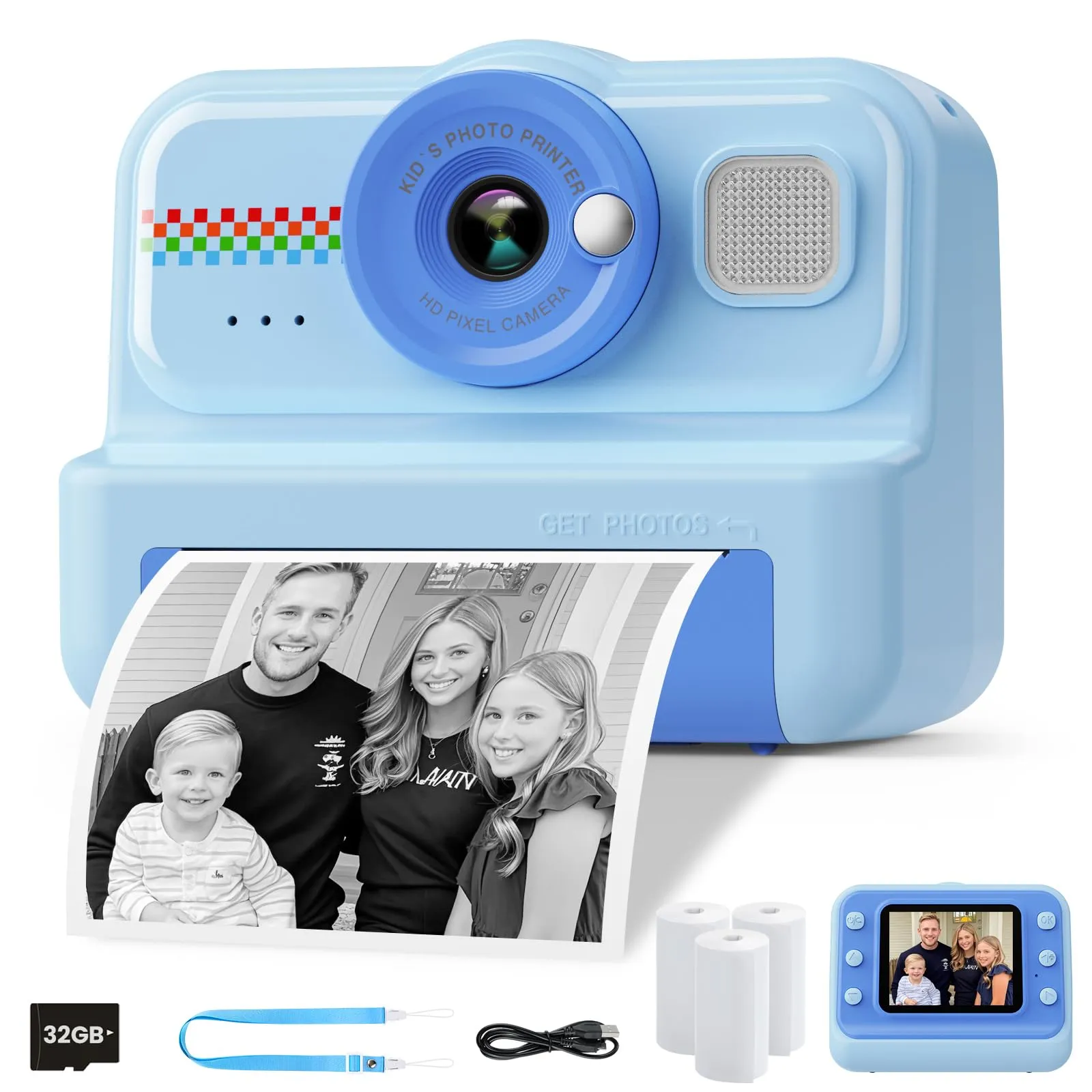 HiMont Macchina Fotografica Bambini Istantanea, Fotocamera Istantanea per Bambini HD/1080P con Scheda da 32 GB e 3 Rotoli di Carta da Stampa, Regalo per Bambini per Ragazze Ragazzi da 3-14
