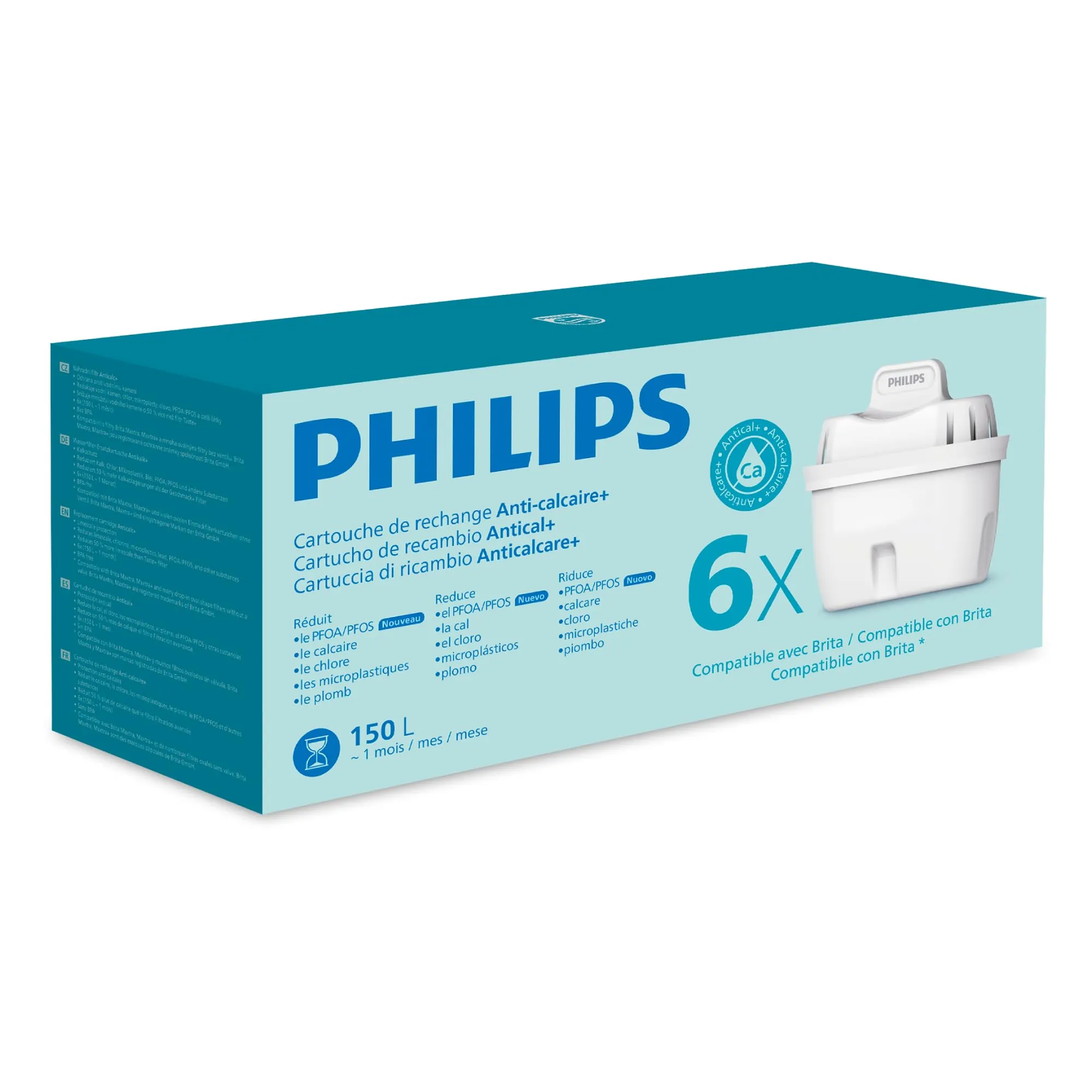 Philips Water Cartucce filtranti sostitutive Anticalcare+, 6 unità, compatibili con Brita, FINO AL 50% IN PIÙ DI RIDUZIONE DELLA DUREZZA