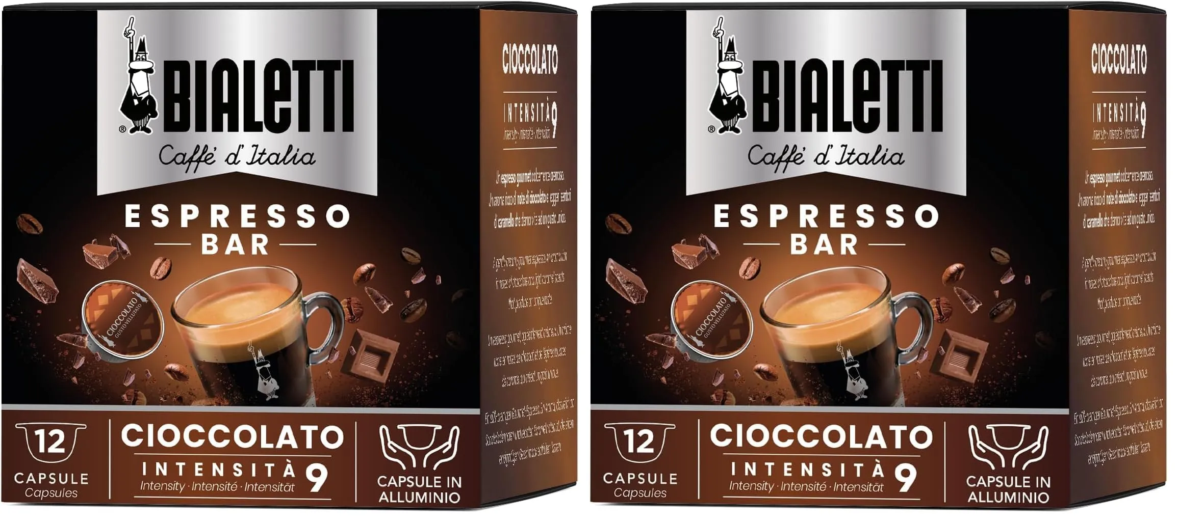 Bialetti Caffè d'Italia, Box 12 Capsule, Gusto Cioccolato, Compatibili con Macchine Bialetti sistema chiuso, 100% Alluminio (Confezione da 2)