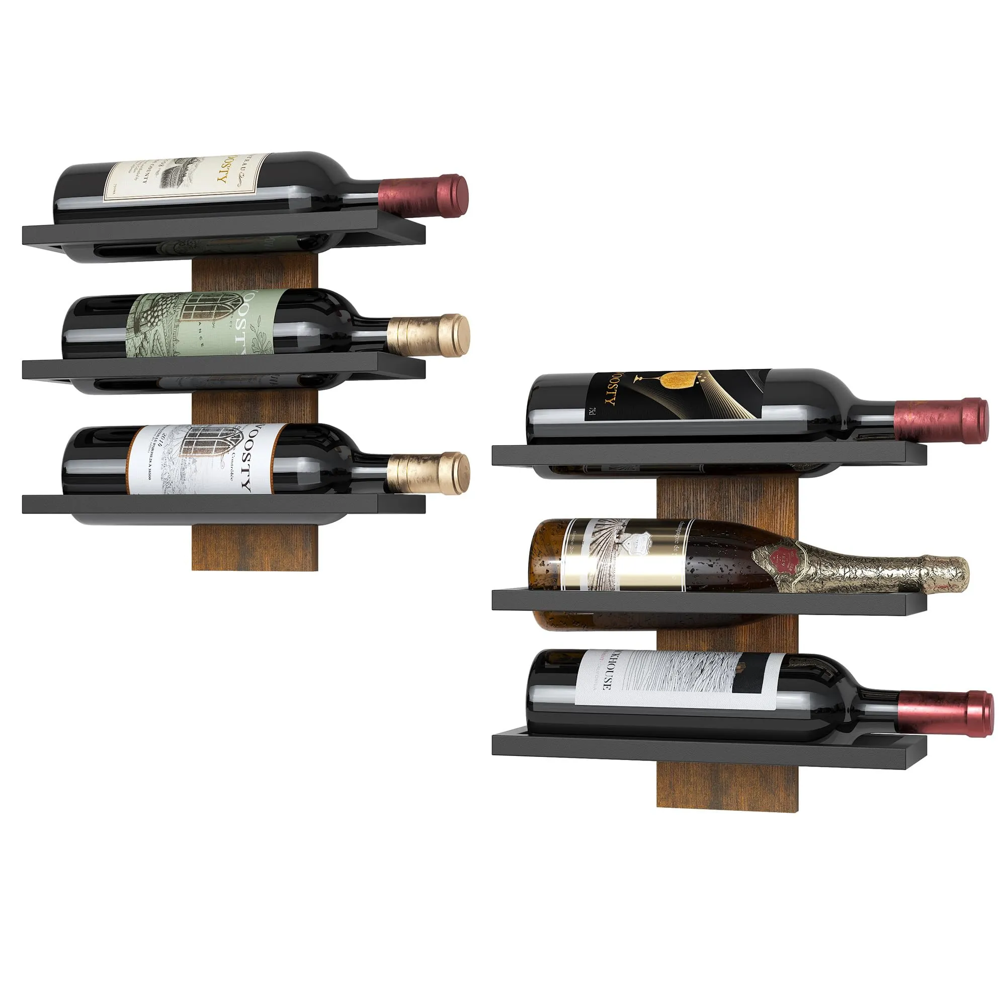 FAVOOSTY Portabottiglie da Parete per 6 bottiglie,in legno,Portabottiglie da Appendere, per cucina, Sala da Pranzo, Camera da Letto, Cantina, bar (2 set)