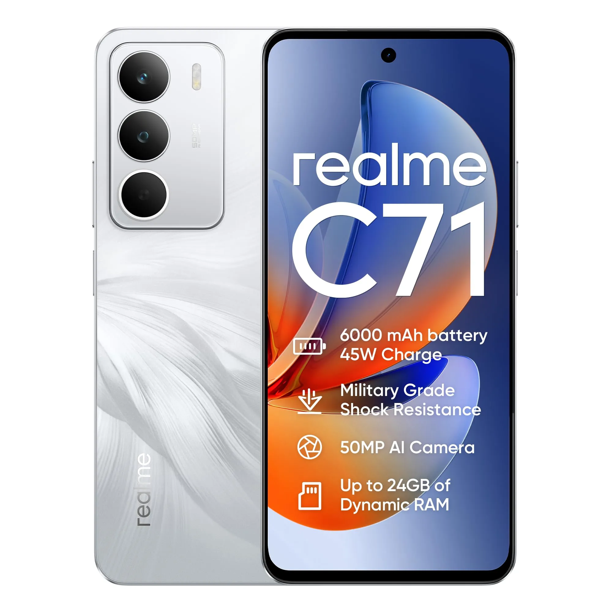 realme C71 4G Smartphone 8+256GB, Cigno Bianco, Schermo 6.67 pollici, Refresco a 120 Hz, Caricamento 45W Rapido, Batteria 6000mAh, Fotocamera de 50MP, Powerful 8 Core Processor, IP54
