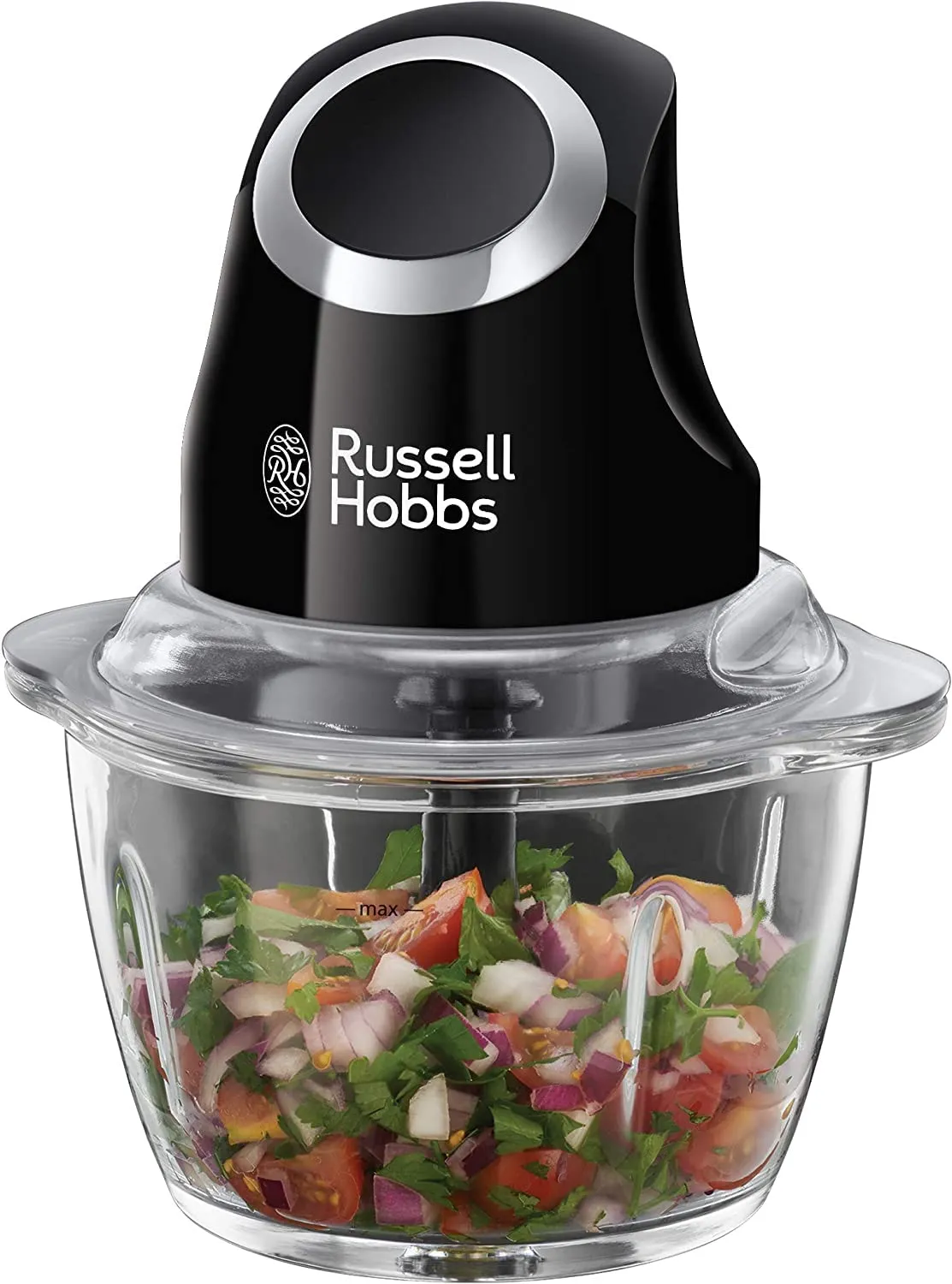 Russell Hobbs Tritatutto Da Cucina Elettrico Mini Nero - Contenitore in Vetro con Coperchio - 500ml, Tritatutto per Verdure, Mixer, Tritatutto Elettrico per Verdure, Frutta e Carne, 24662-56