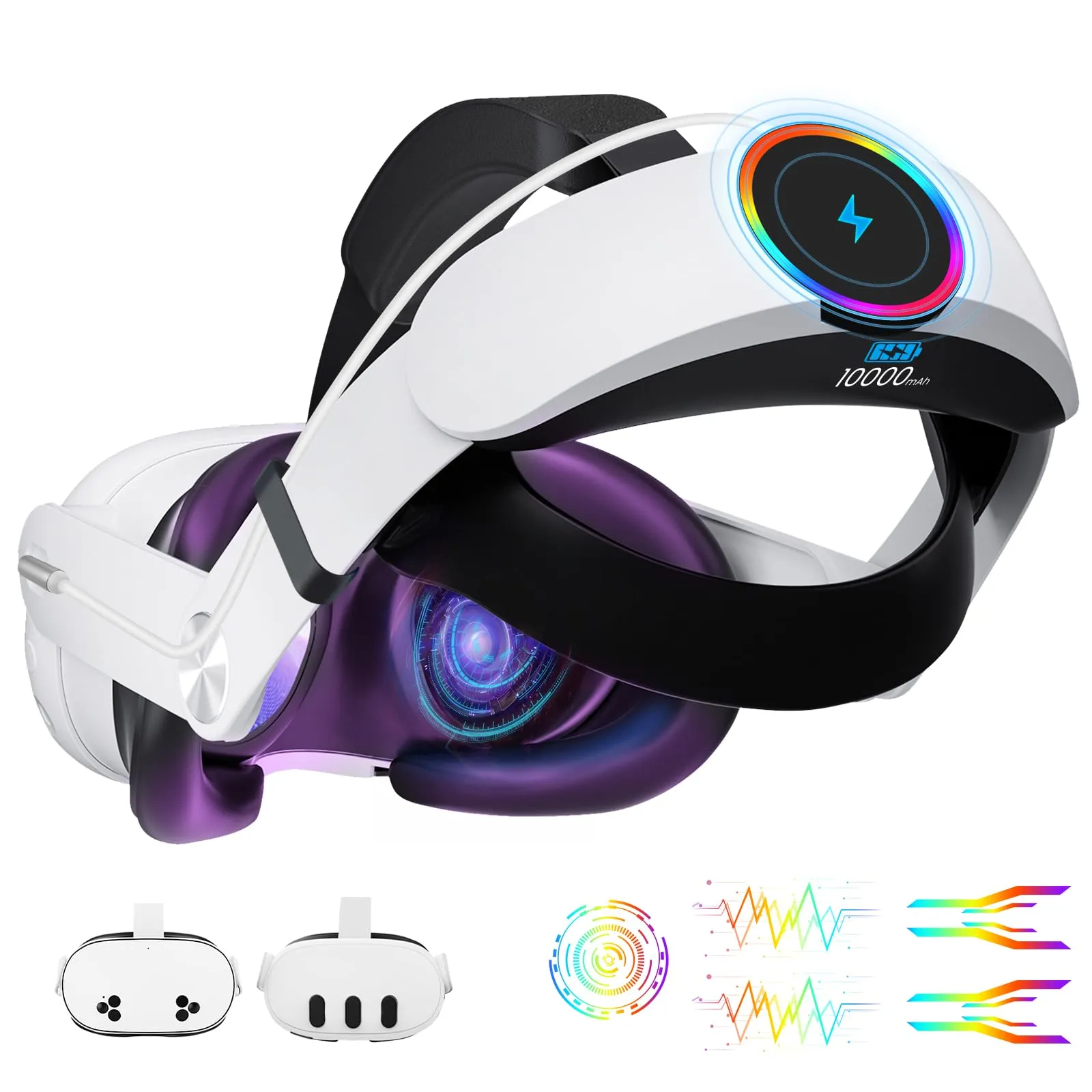GEEKERA Headstrap Compatibile con Meta-Quest 3/Q3S, Fascia per la Testa RGB con Batteria da 10000 mAh, Regolabile e Ricaricabile Rapidamente, Accessorio VR, Tempo di Gioco Prolungato di 4 ore