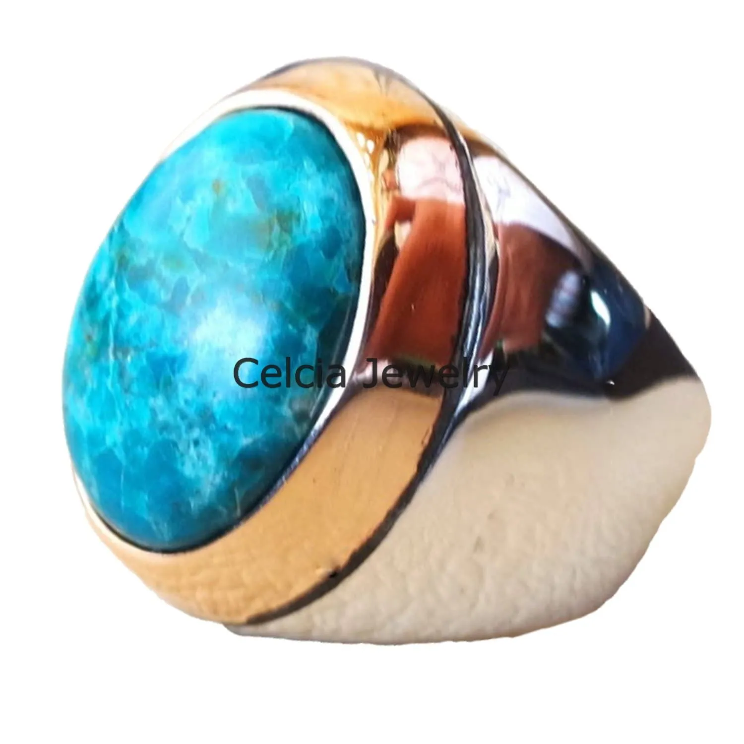 Chrysocolla Anello ovale cabochon pietre preziose blu naturali, Argento Stirling autentico, Anello di dichiarazione, Anello sigillo da uomo, Anello di compleanno, Anello di anniversario