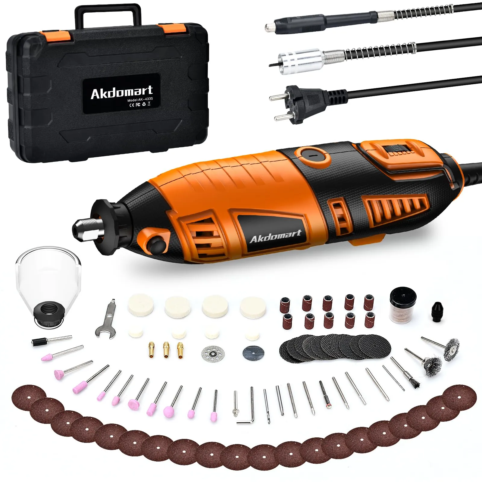 Akdomart Utensile Multifunzione, 200W Mini Trapano Elettrico, Utensile Rotante Multifunzione con 135 Accessori, 6 Velocità Regolabili, 8000-35000 giri/min, per incidere, forare, tagliare, smerigliare