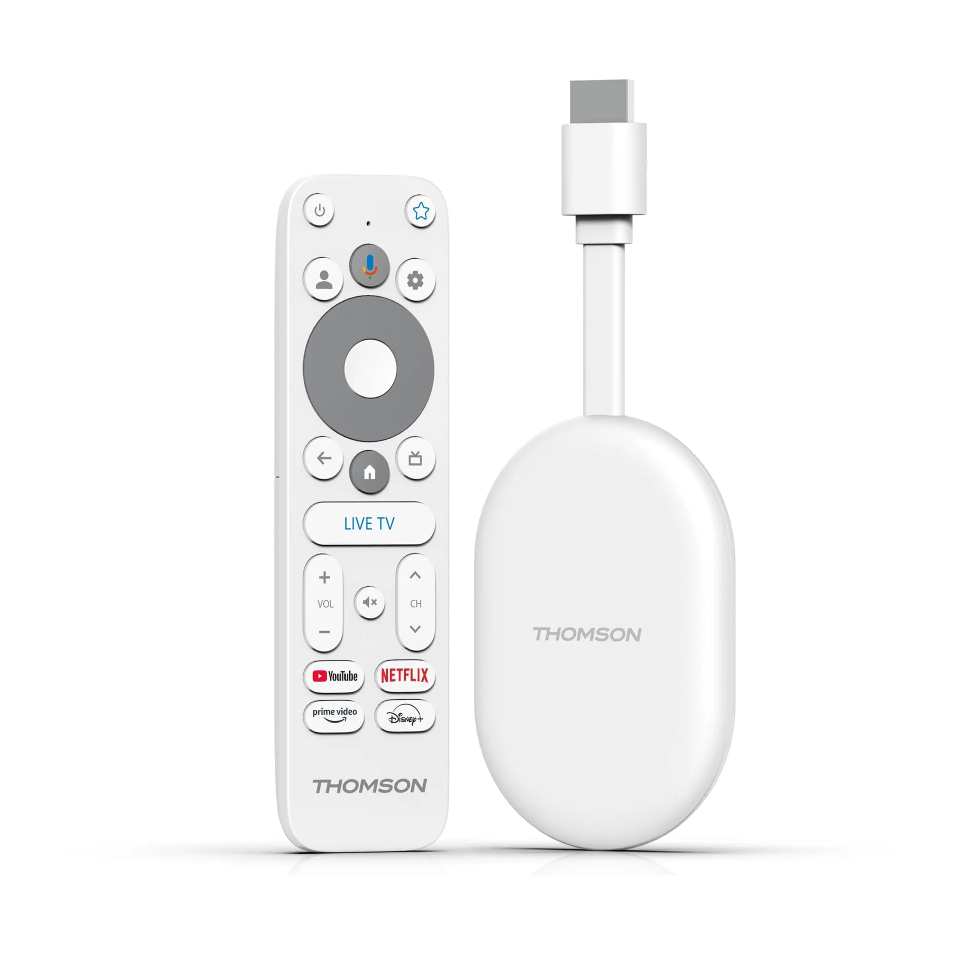 THOMSON Google TV Go Cast 150, Dongle per streaming 4K UHD, Dolby Atmos, Dolby Digital+, Controllo vocale, Googlecast, SDRAM 2 GB, Flash 8 GB, Adattatore di alimentazione multipresa