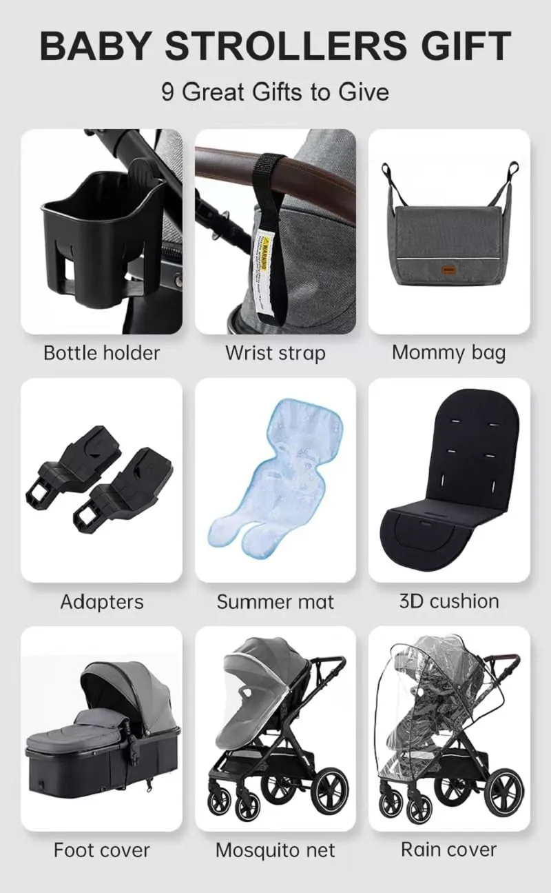 GLOKID Passeggino 3 in 1，Passeggino Canne，Trio，Con Seggiolino Accessori，Adattatori universali，Passeggino per bambini fino a 25 kg，4 ruote con ammortizzatori，navicella，grandi ruote (x1 nero)
