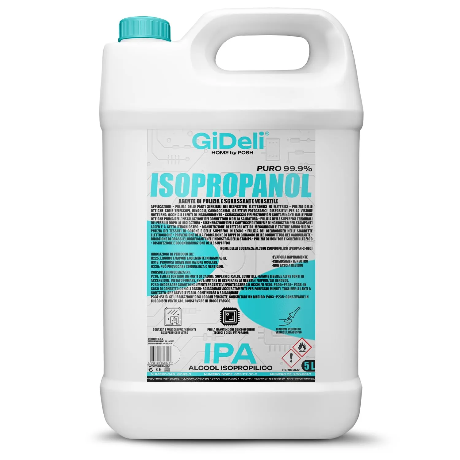 GiDeli alcool isopropilico 99,9% 5 litri di alcol isopropanolo per elettronica lenti e schermi pulizia di resine con stampa 3D