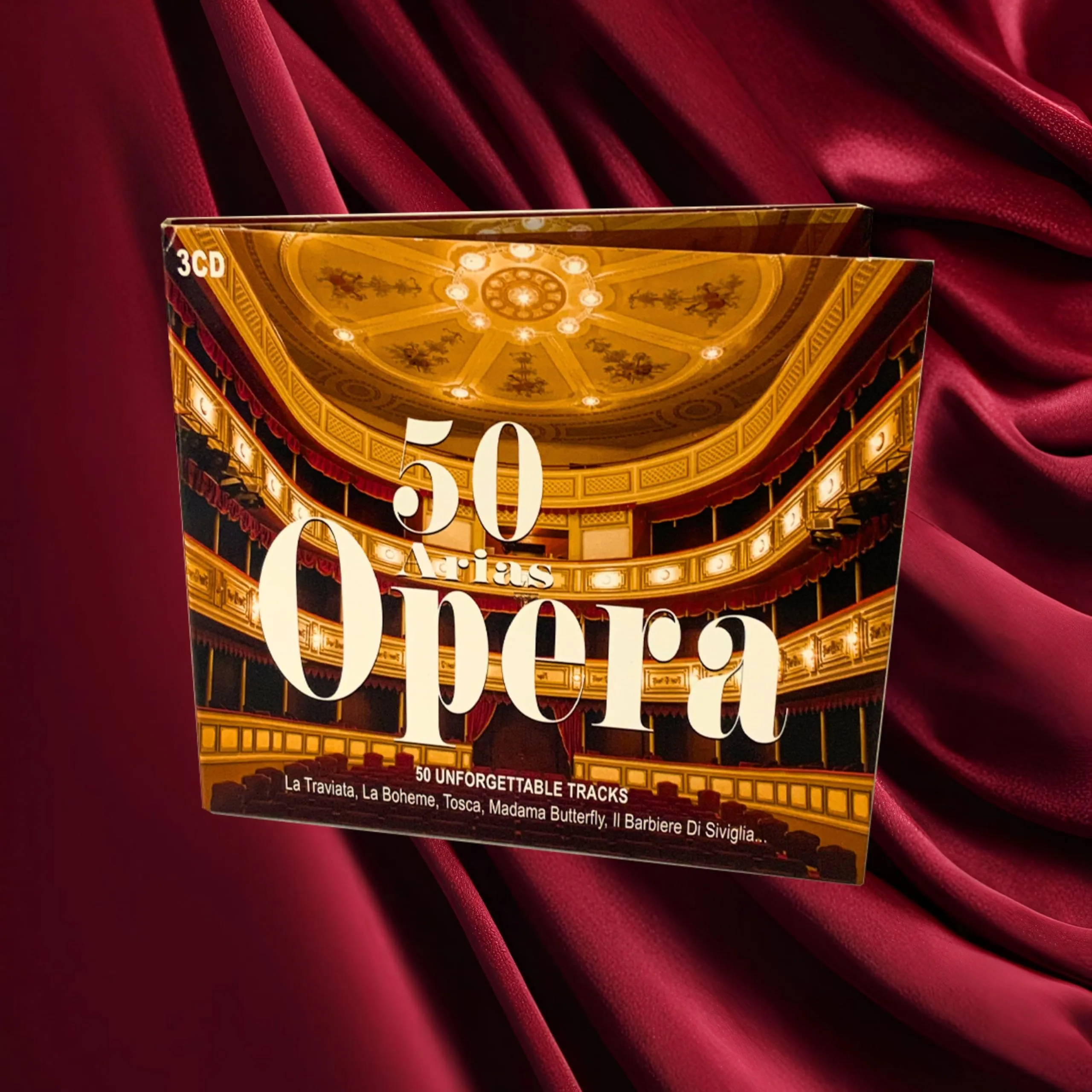 3CD 50 Arie di Opera interpretati da Maria Callas, Luciano Pavarotti. Arie tratte da Il Barbiere di Sivilia, Tosca, Carmen, La Traviata, Il Rigoletto …