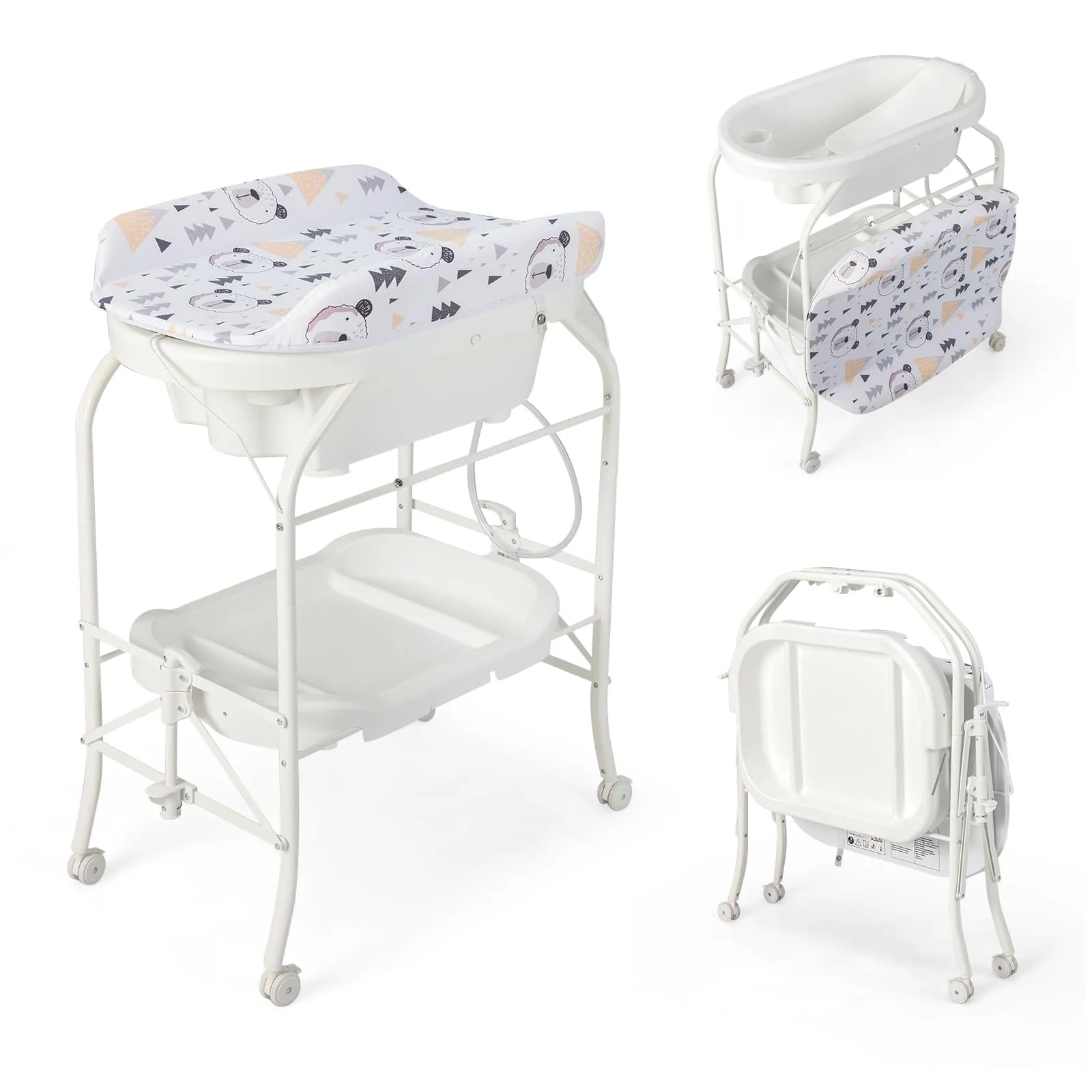 COSTWAY Fasciatoio con Vaschetta Bagnetto 2 in 1, Vasca da Bagno Pieghevole per Bambini, Fasciatoio con Materassino, Cestino Portaoggetti, Ruote con Freno, Portata 35kg+15kg (Bianco)