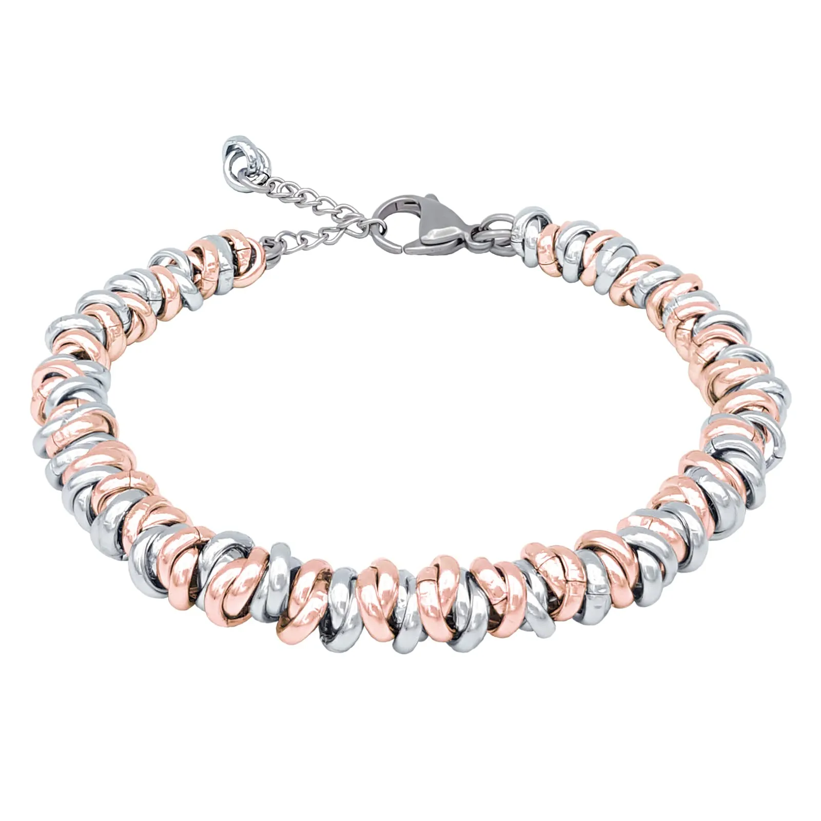 ParticolarModa Bracciale Donna regolabile nodini anelli intrecciati acciaio alluminio morbido 6 mm (Regolabile da 19 a 22 cm (x polso 16-18), Argentato/Rosa)