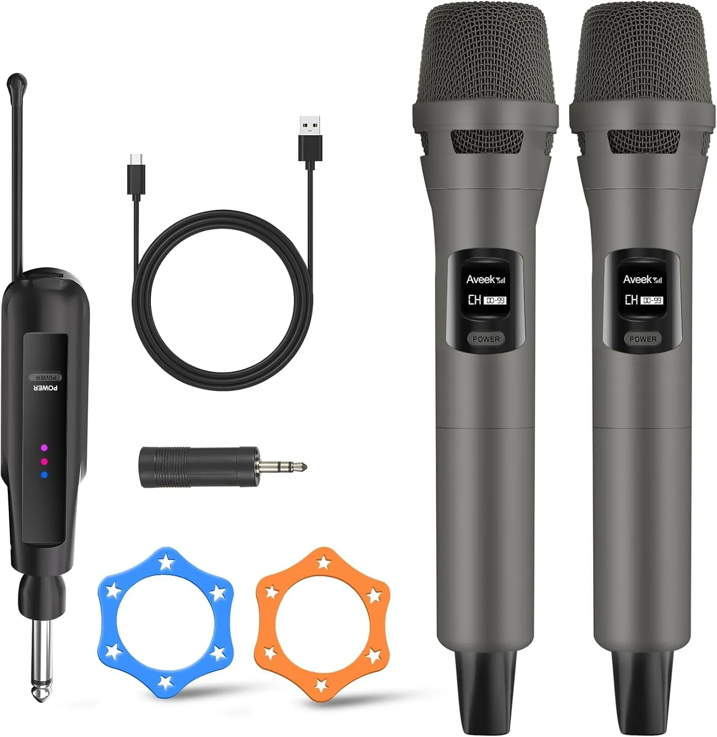 Aveek Microfono Karaoke Wireless 2.4GHz, Doppio Microfono Portatile Ricaricabile USB-C con Ricevitore, per Feste, Matrimoni, DJ, Compatibile con Altoparlanti e Macchine Karaoke