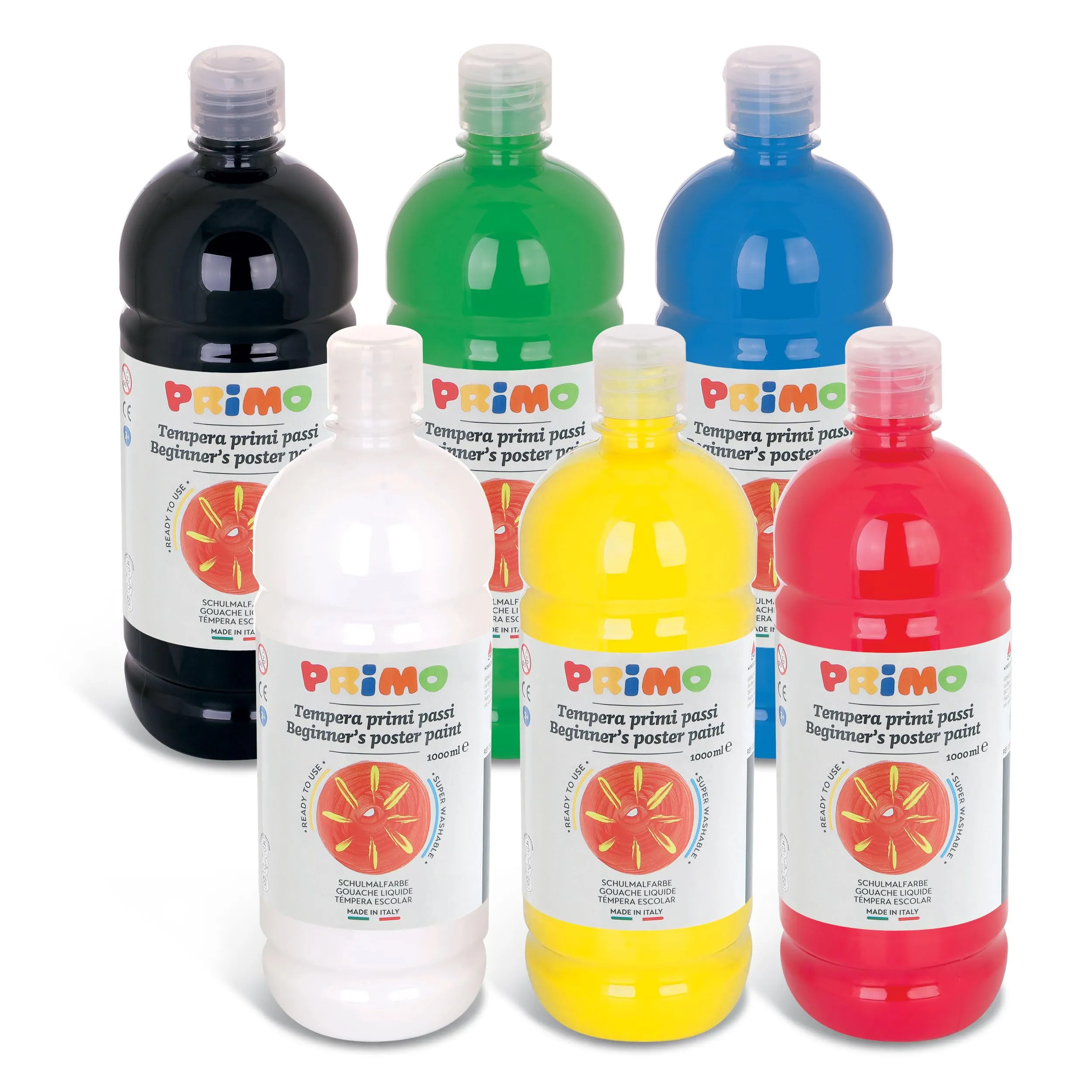 PRIMO - Tempere Lavabili per Bambini, 6 Colori per Bambini +3 Anni da 1L con Dosatore, Colori a Tempera per Dipingere Carta Stoffa Vetro, Pittura, Cartoleria, Lavoretti Creativi e Materiale Scolastico