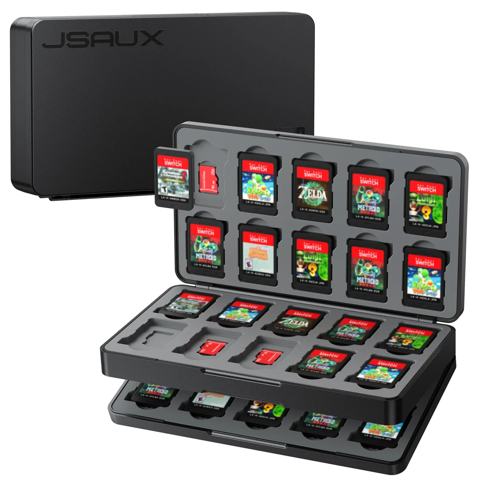 JSAUX Custodia per Schede di Gioco Compatibile con Nintendo Switch 2 (2025), Switch OLED e Lite, Scatola Rigida con 40 Slot per Cartucce e Schede Micro SD, Game Card Case, Accessori per Switch – Nero