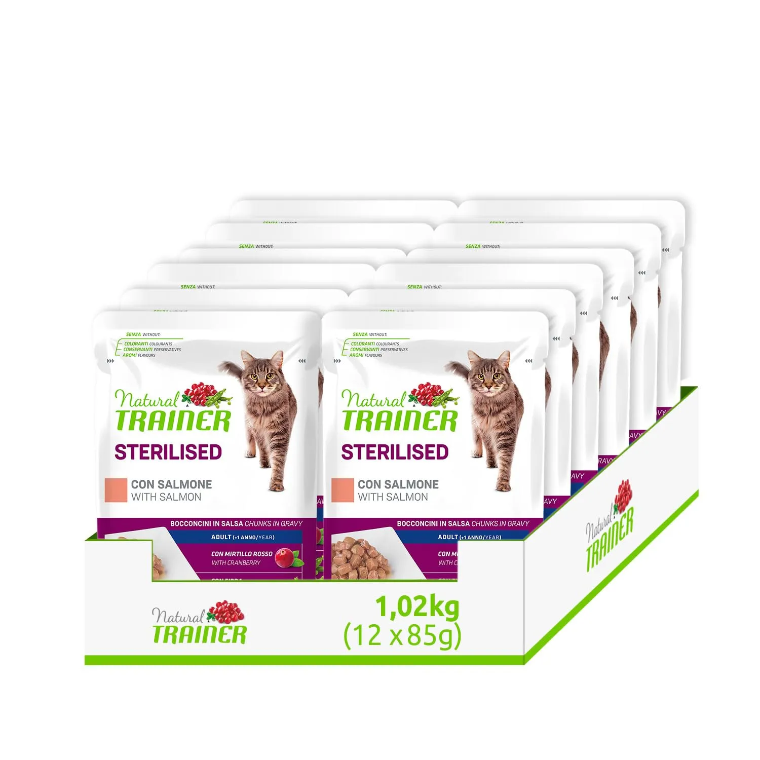 Natural Trainer Sterilised Cibo Umido per Gatti Adulti con Salmone, 12 Buste x 85 gr, 1020 gr