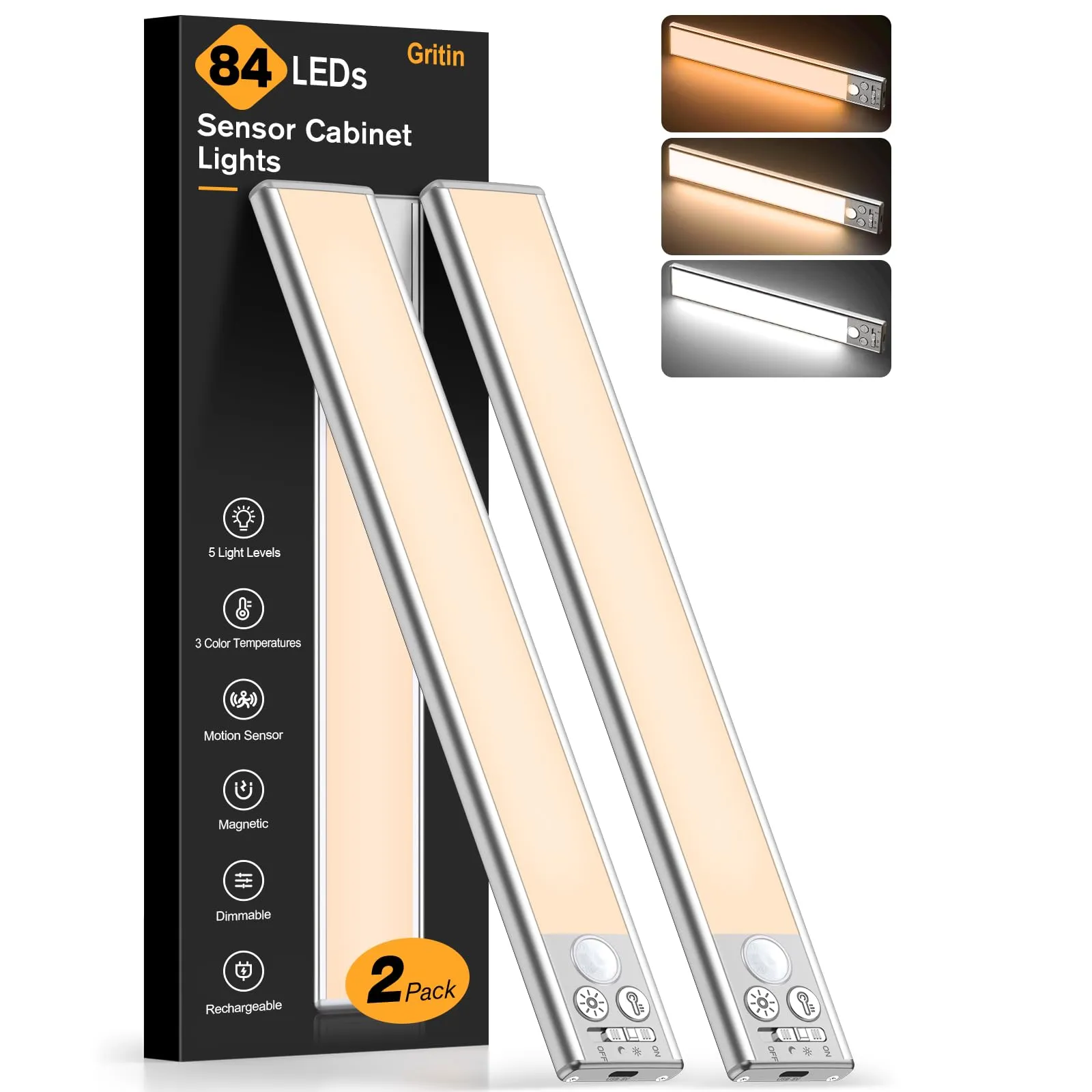 Gritin Luce Armadio Sensore di Movimento, 84 LED Ultra Luminosi Magnetico Luce Lampada Led Sottopensile Cucina Ricaricabile,3 Temperature Colore,5 Luminosità,4 modalità,Facile Installazione-2 Pezzi