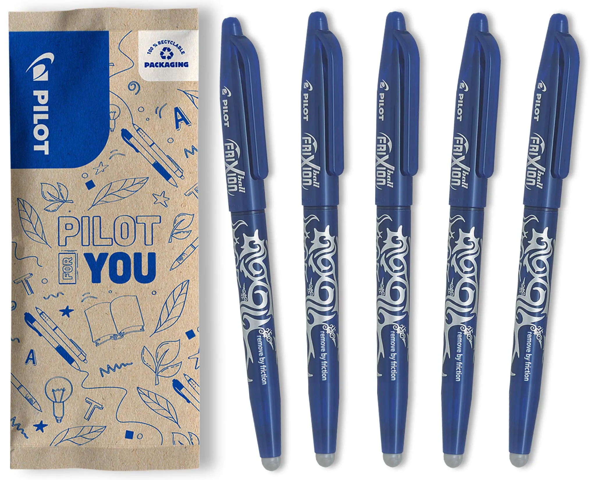 PILOT, Frixion Ball Pacco Da 5, Penna Cancellabile Al Calore Con Inchiostro Termosensibile, Penna Roller Ricaricabile con Gommino Integrato, Colore Blu, Penna Cancellabile Tratto Medio