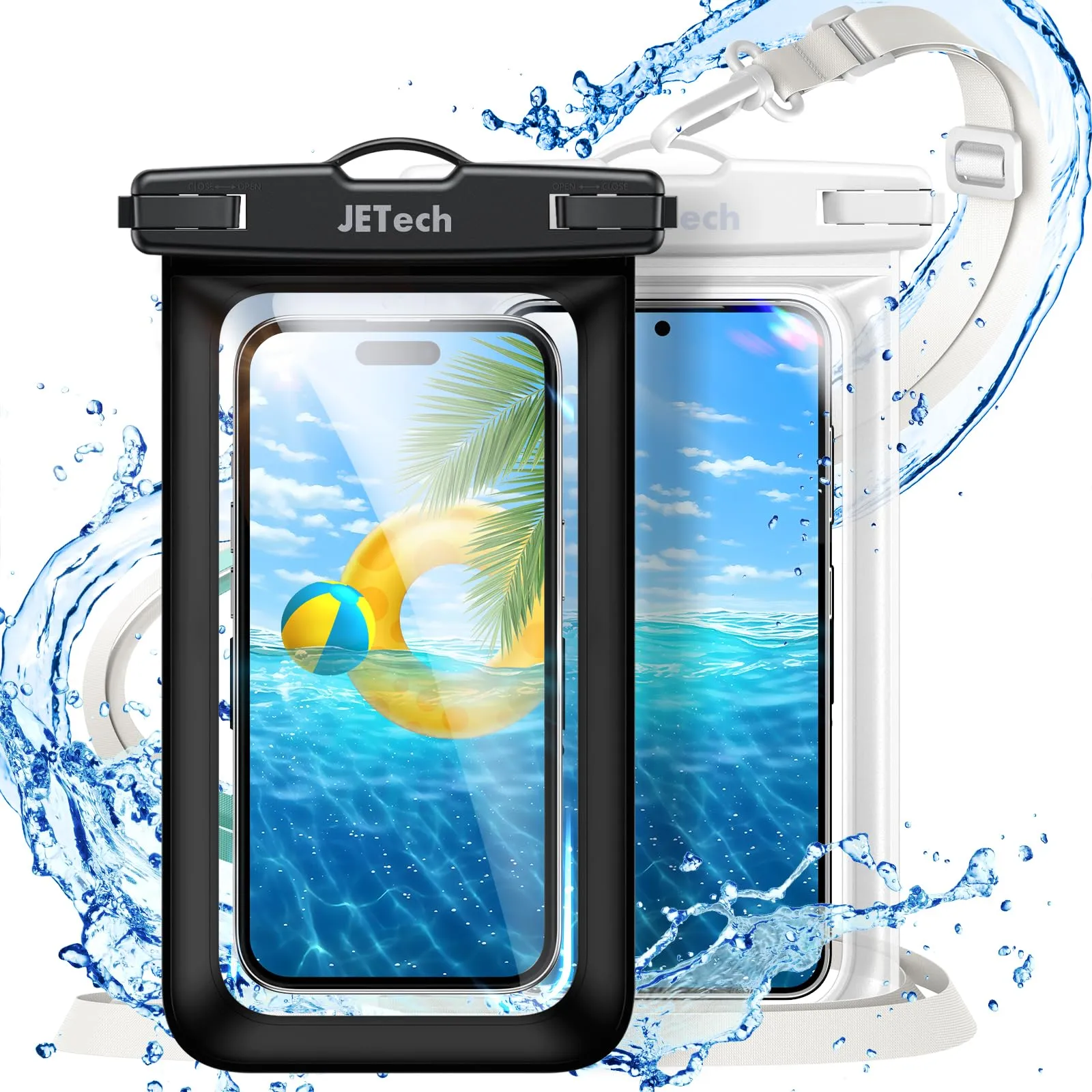 JETech Custodia Impermeabile Smartphone, 2 Pezzi Cover per iPhone 16e 16 15 14 13 Pro Max Plus, Galaxy S25 S24 Ultra, Pixel 10 Serie e Altri Fino a 7,2", IPX8 Borsa Asciutta (Nero+Trasparente)