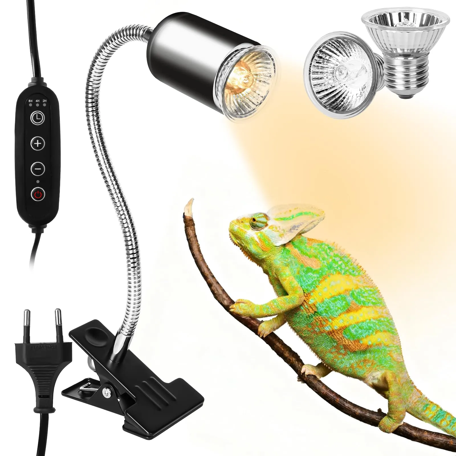 LURICO Lampada uvb Tartarughe, Lampada Rettile e Anfibio con 2 Lampadine UVA UVB, Interruttore Timer Regolabile, Lampadina Riscaldante con Morsetto Rotante a 360 ° per Tartarughe Rettili Lucertole