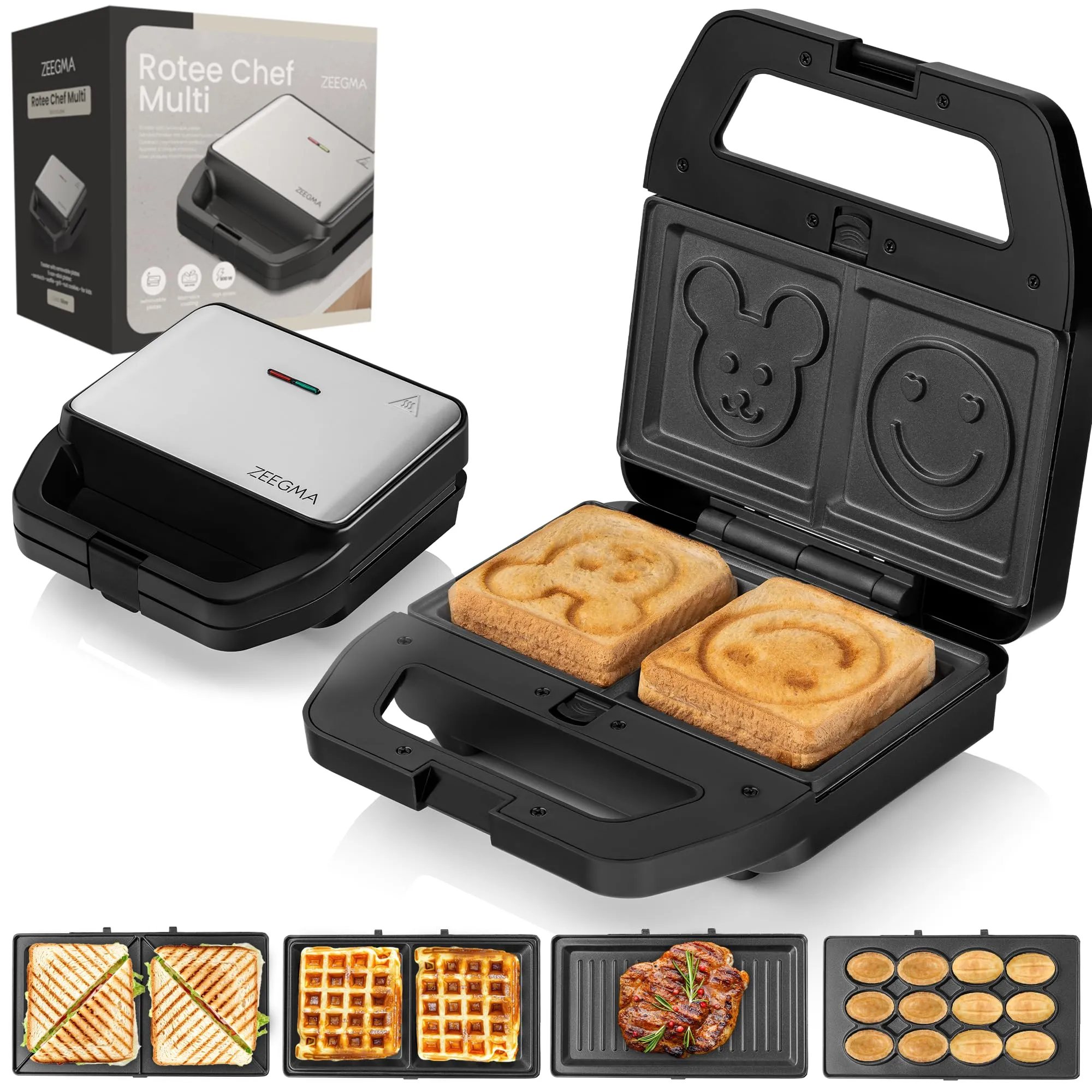 ZEEGMA ROTEE CHEF MULTI Tostiera Multifunzione 800 W 5 in 1, per Toast Pane Waffles Panini Biscotti Griglia, Tostapane, Piastre antiaderenti Protezione dal Surriscaldamento