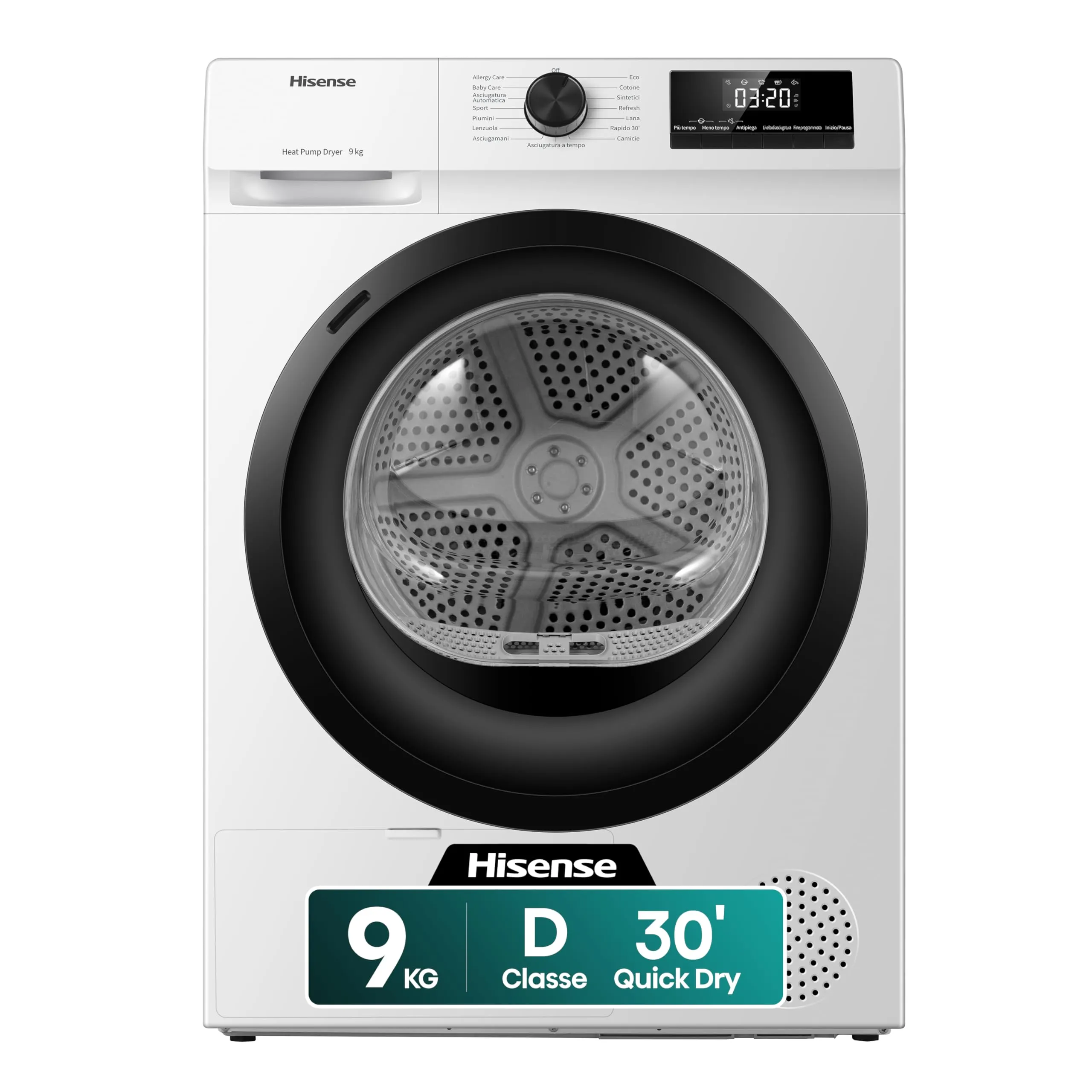 Hisense DHQE900UWDC Asciugatrice A Pompa Di Calore, 9 Kg, D, Bianco, Big Display, 15 programmi, Refresh