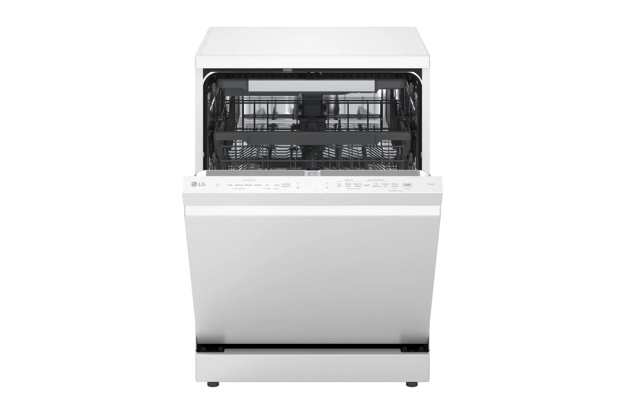 LG DF375HWS Lavastoviglie Libera Installazione Classe A, 14 Coperti, Lavaggio a Vapore TrueSteam, LED Esterno, Sistema QuadWash con 4 Bracci Irroratori, Serie 5, Auto-Apertura, 43dB, Wi-Fi, Bianco