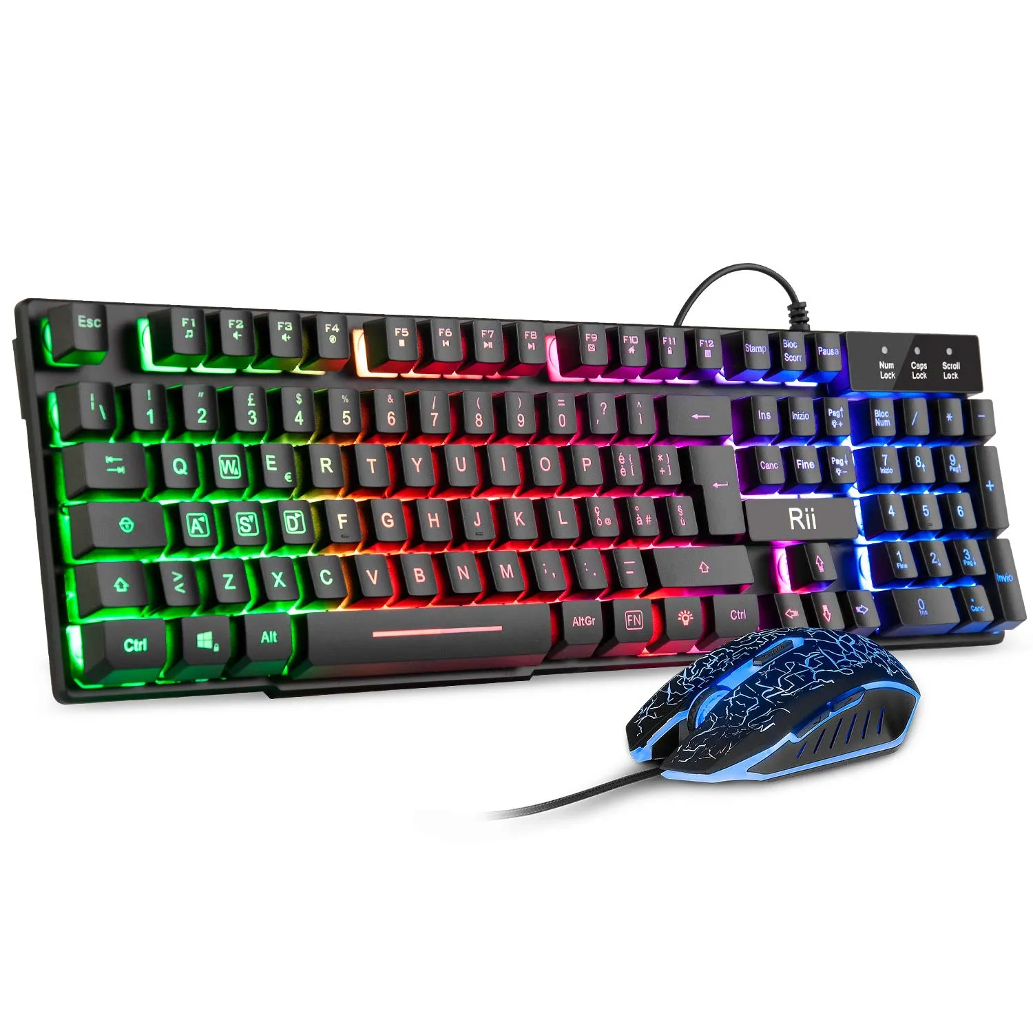 Rii Gaming RK108 (Layout Italiano) - Set Tastiera RK100+ e Mouse da Gioco, retroilluminati a LED, sensibilità Regolabile Fino a 3.200 DPI