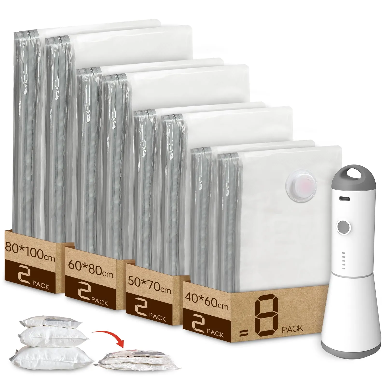 Vacbird Sacchetti Sottovuoto Vestiti con Pompa Sottovuoto Senza Fili, 8 Pezzi (2 Jumbo, 2 Grandi, 2 Medi, 2 Piccoli), Riutilizzabile Buste Sottovuoto Vestiti per Coperte, Piumini, Cuscini, Maglioni