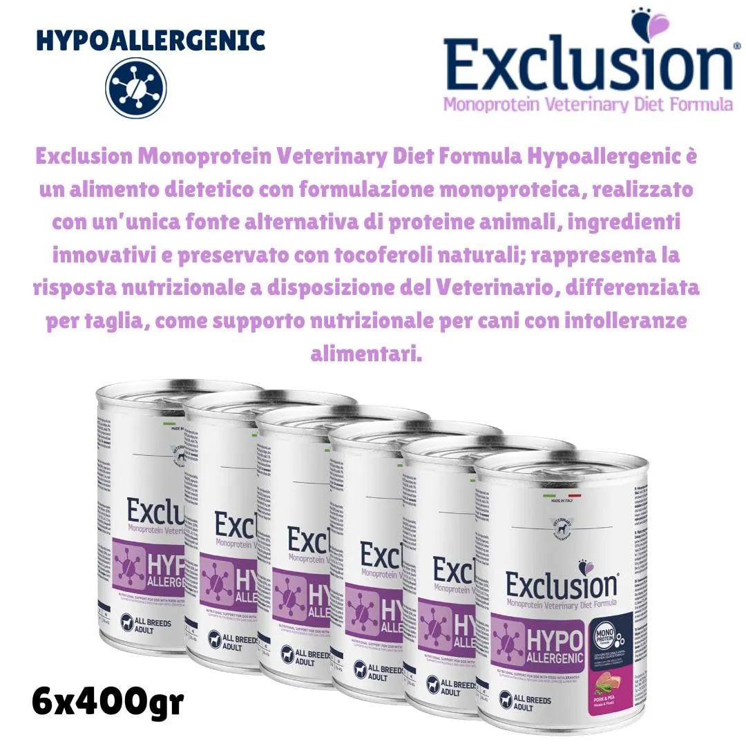 Exclusion Hypoallergenic all breeds per cani adulti di tutte le taglie, gusto MAIALE e PISELLI, ipoallergenico | 6 scatolette da 400 grammi l'una.