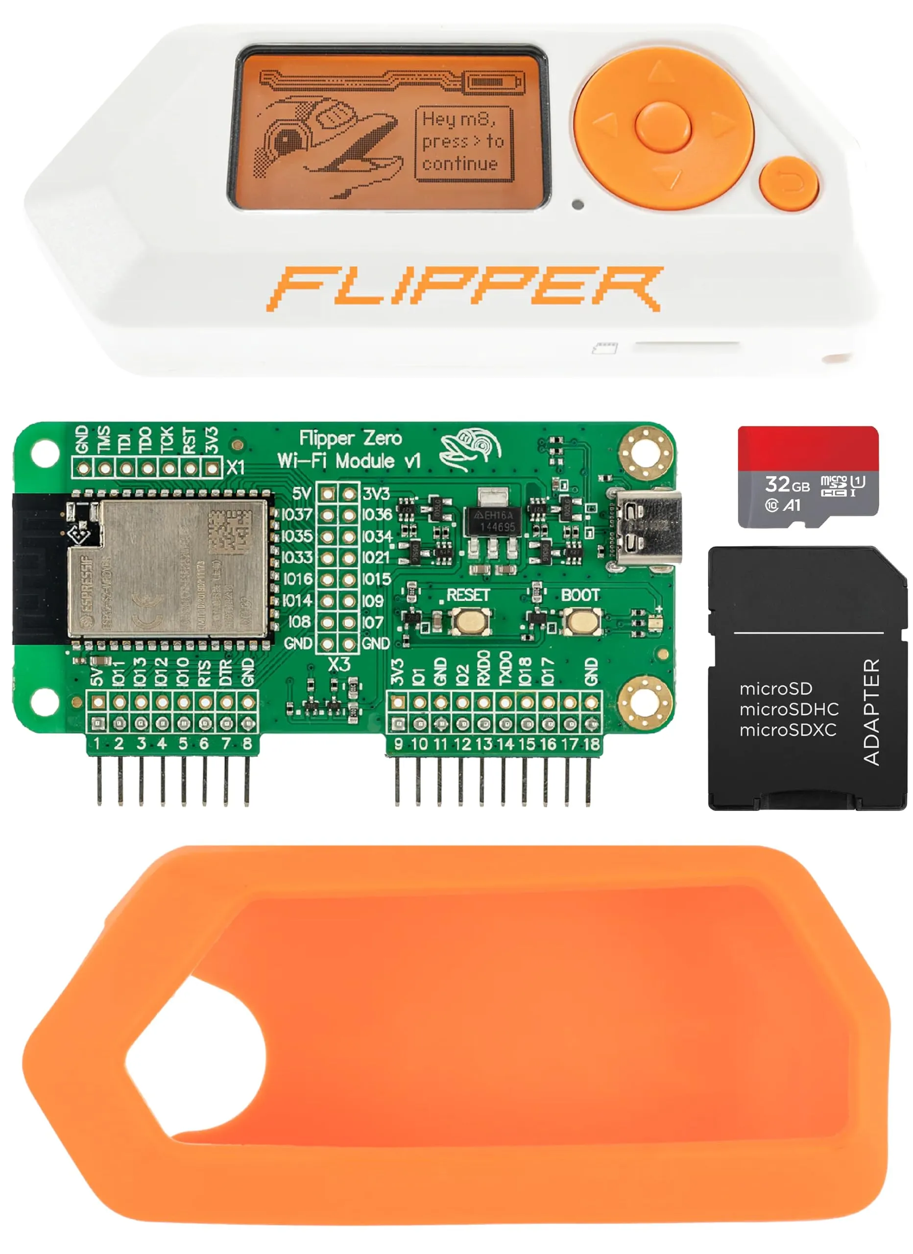 Flipper Zero Complete Kit — Flipper Zero | Scheda di sviluppo WiFi | Custodia in silicone | Scheda MicroSD da 32 GB | Adattatore da MicroSD a SD