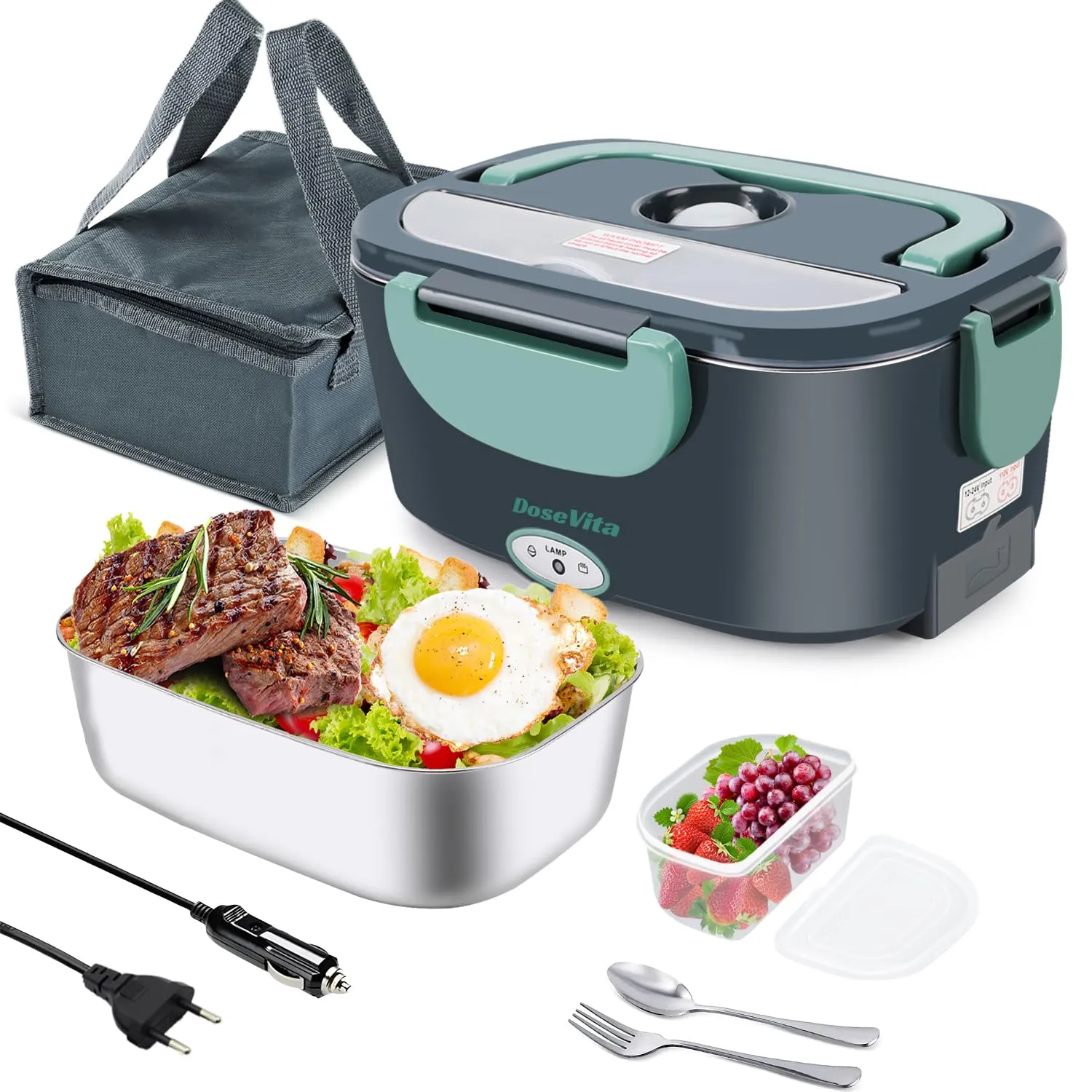 Dosevita Scaldavivande Elettrico Portatile 80W 3 in 1 per Auto Camion e Ufficio 1,5L Scaldavivande Porta Pranzo con Spazzola di Spugna Forchetta e Borsa (Verde)