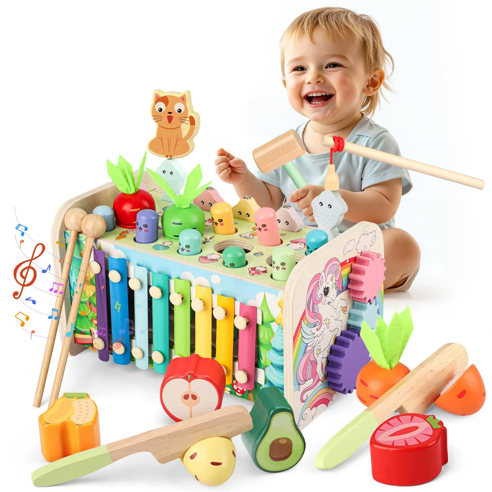 10 in 1 Giochi Montessori 1 Anno, Giocattoli Bambini Cubo Multiattivita Legno Gioco Educativi Bambi con Gioco Pesca, Strumenti Xilofono, Acchiappa La Talpa, Regalo Compleanno 2 3+ Anni 12+ Mesi