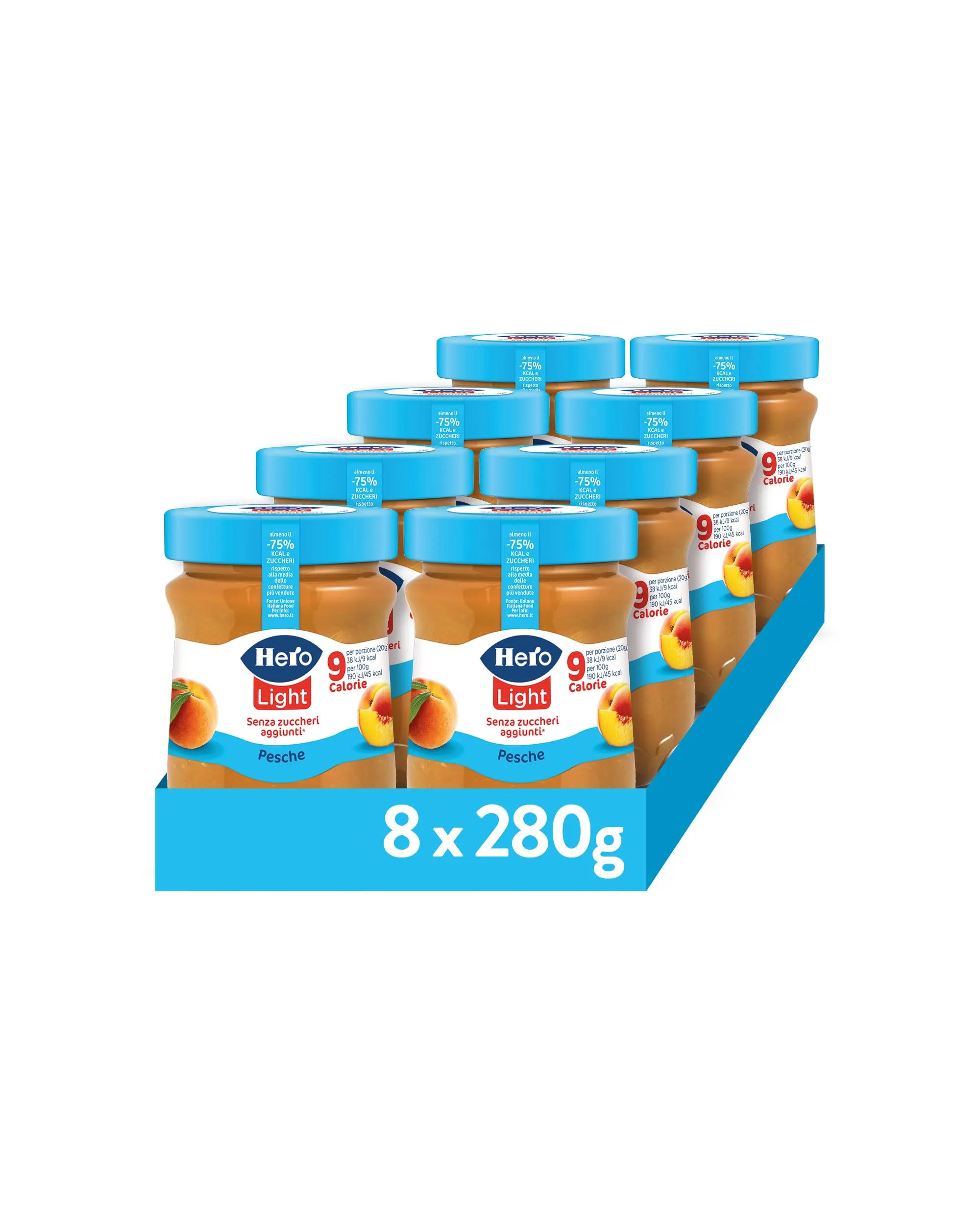 Hero Light Confettura di Pesche Light, 8 Vasetti da 280 gr, Marmellata e Confettura extra, frutta di Alta Qualità, senza conservanti e senza coloranti, pochissime calorie per porzione