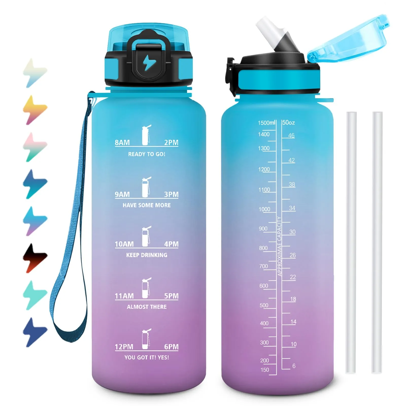 Borraccia Sportiva 1,5L, a Prova di Perdite, Facile da Aprire, Bottiglia Acqua Palestra con Indicatore del Tempo, Bottiglia con Cannuccia, Borraccia per Palestra, Corsa, Ufficio, Campeggio, Scuola