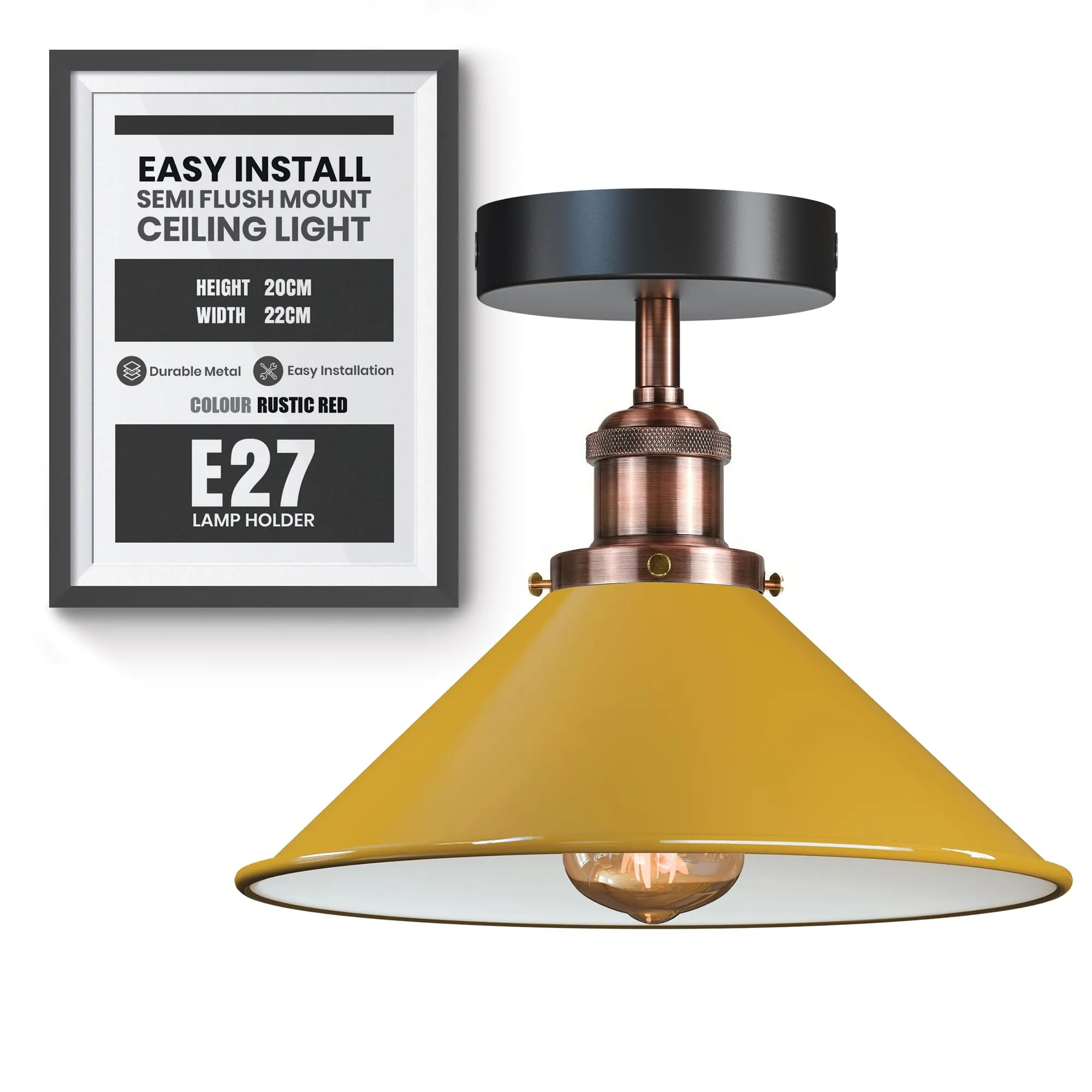DC VOLTAGE Lampada da Soffitto Moderno Montaggio a Semi-Incasso Metallo 22 cm Interno Nero Wianco Attacco E27 Paralume Lampada a sospensione Per Soggiorno (giallo 2)