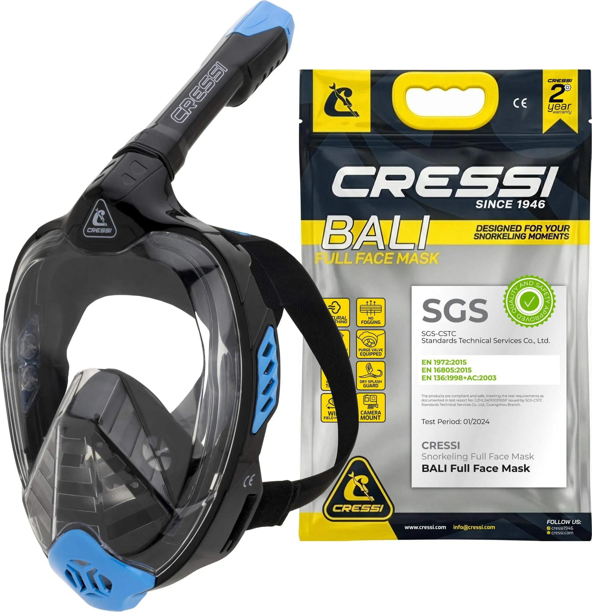 CRESSI Bali Full Face Mask Black/Blue S/M-Maschera Snorkeling Integrale Unisex, Lente Ultra Chiara Anti Fog, 100% Silicone, Snorkel Dry con Valvole Sicurezza, Supporto Action Cam, Nero/Blu, S/M