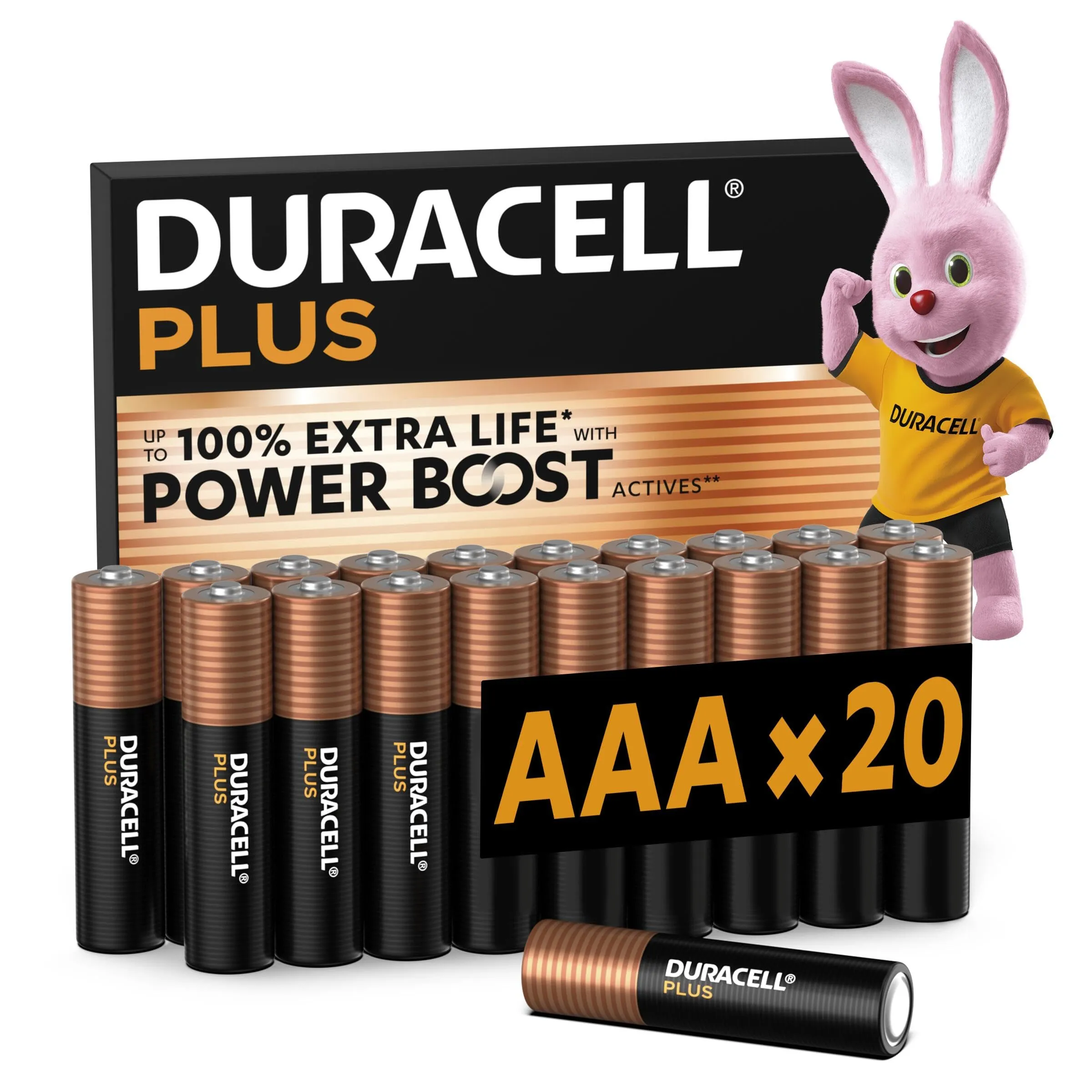 DURACELL Batterie Plus AAA (Confezione da 20) – Batterie Alcaline da 1,5 V – Fino al 100% di durata extra con Attivi POWER BOOST – Affidabilità per i dispositivi di utilizzo quotidiano – MN2400
