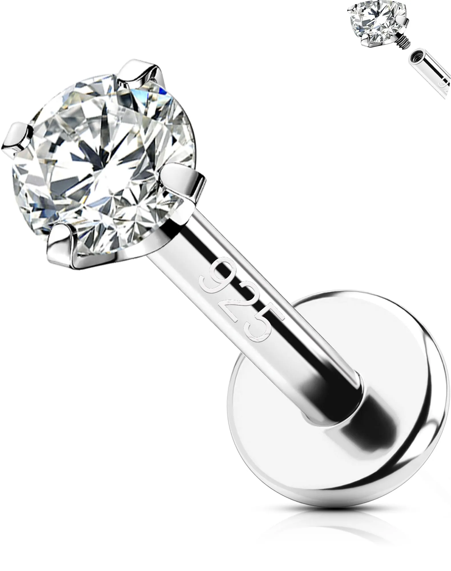 OUFER 16G Agrento 925 Piercing Orecchio Helix Internally Threaded Piercing Conch Agrento Piercing Oreille Cartilage Clear CZ Piercing Trago Lip Piercing 6 mm/8 mm/10 mm