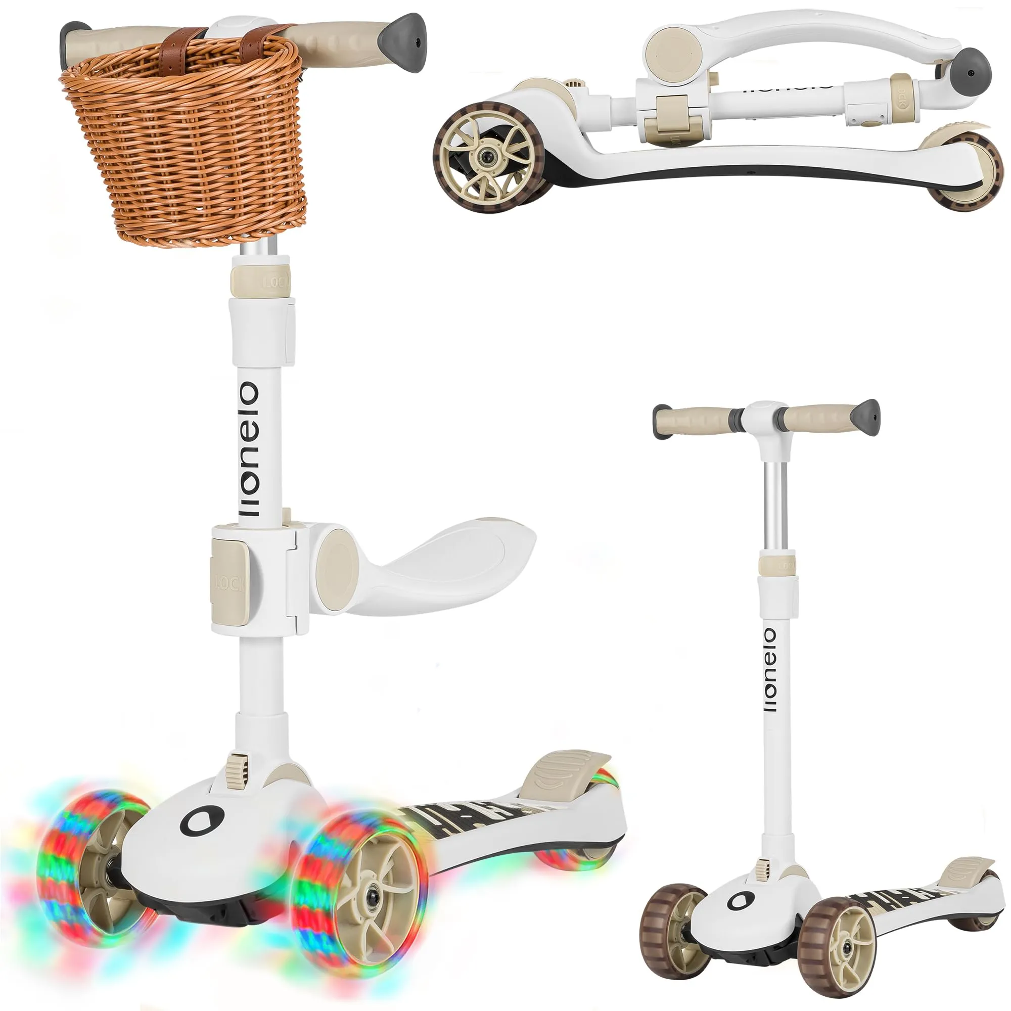 Lionelo FRANKY 2 in 1 Bicicletta e Monopattino per Bambini Fino a 50 kg Adatto da 1 a 7 Anni con Sedile e Manubrio Regolabile, Ruote LED, Telaio Rinforzato, Pedana antiscivolo, Cestino (Beige)